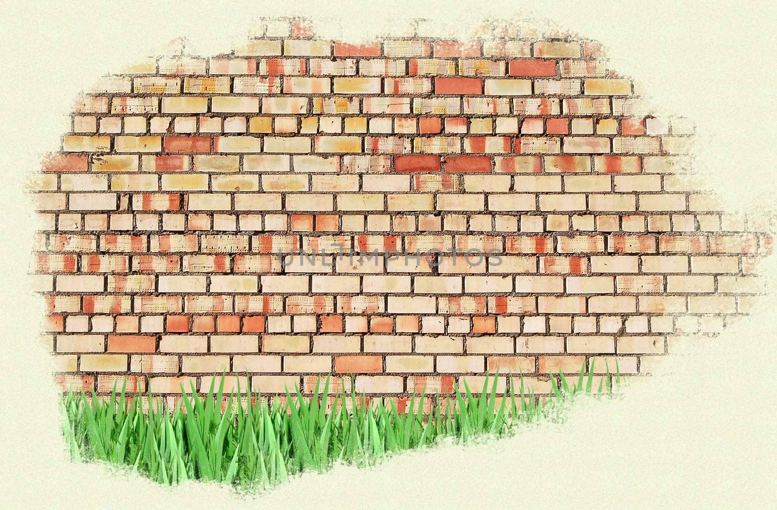 Old Brick Wall and New Green Grass by rufous