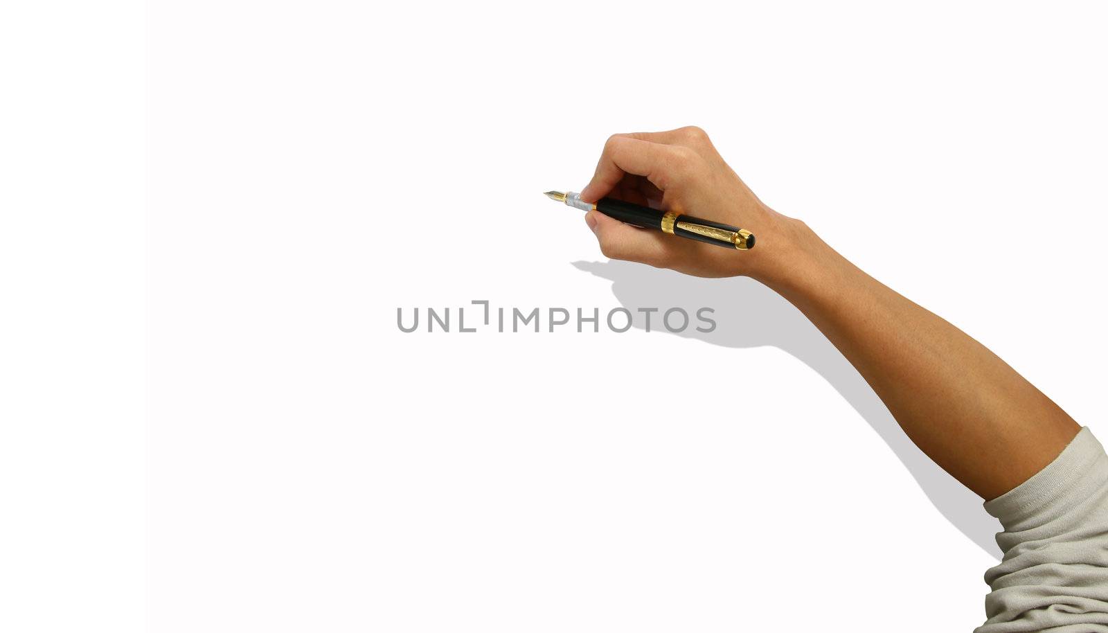 male hand with pen on white background