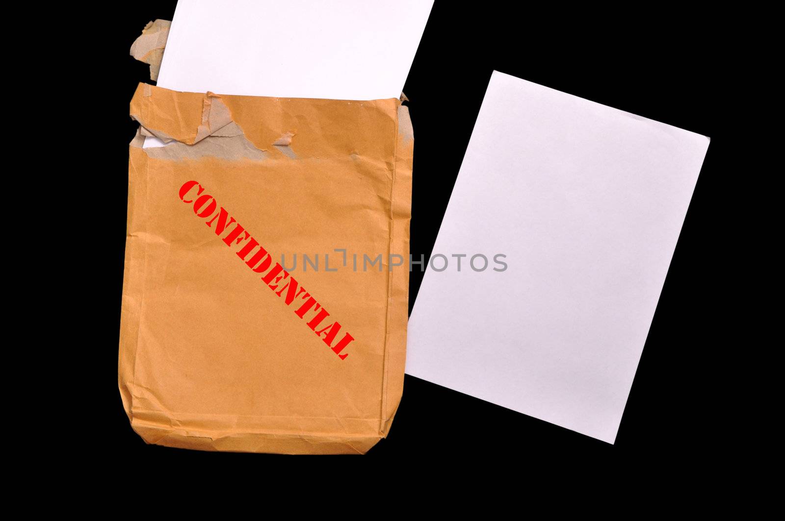 Open yellow envelope with top secret stamp and blank papers, on white background