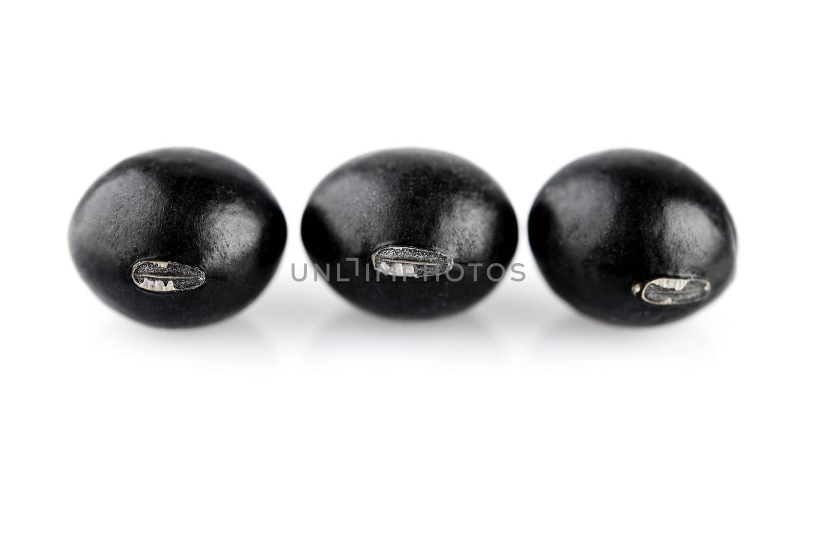 Three dried black beans isolated on white background.