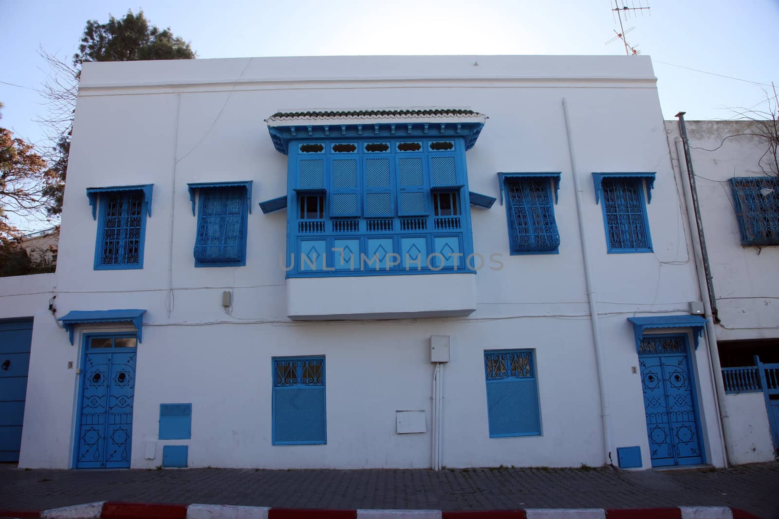 Sidi Bou Said - typical building with white walls, blue doors and windows