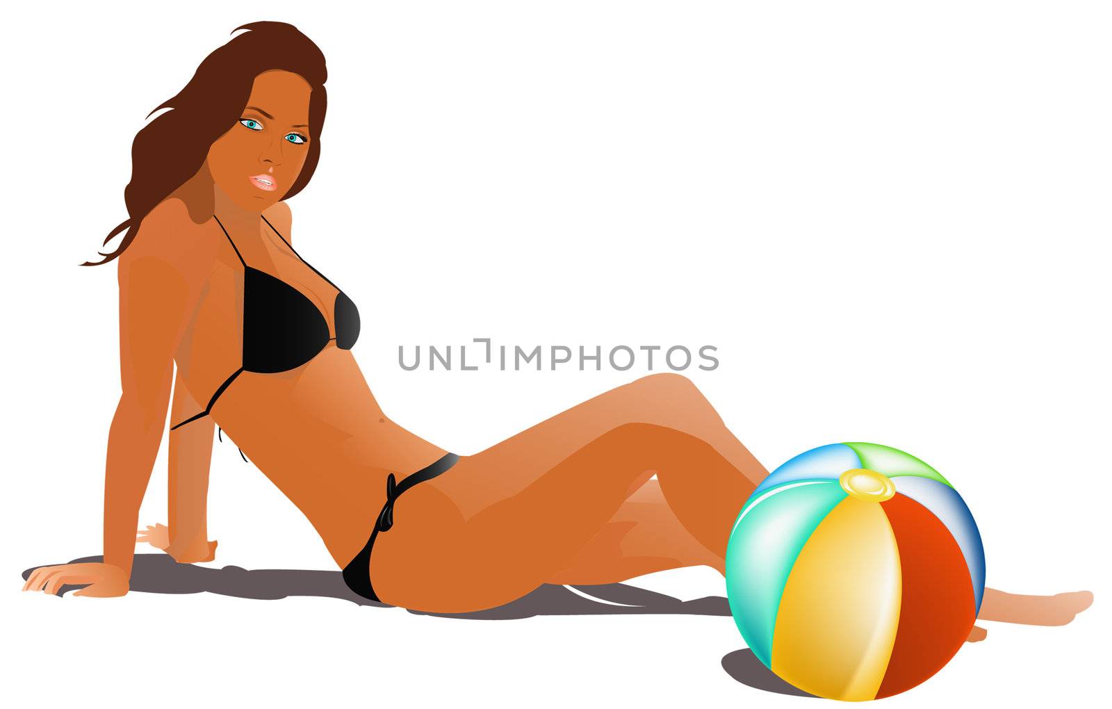 The suntanned beautiful young girl in a bathing suit with a ball on a white background
