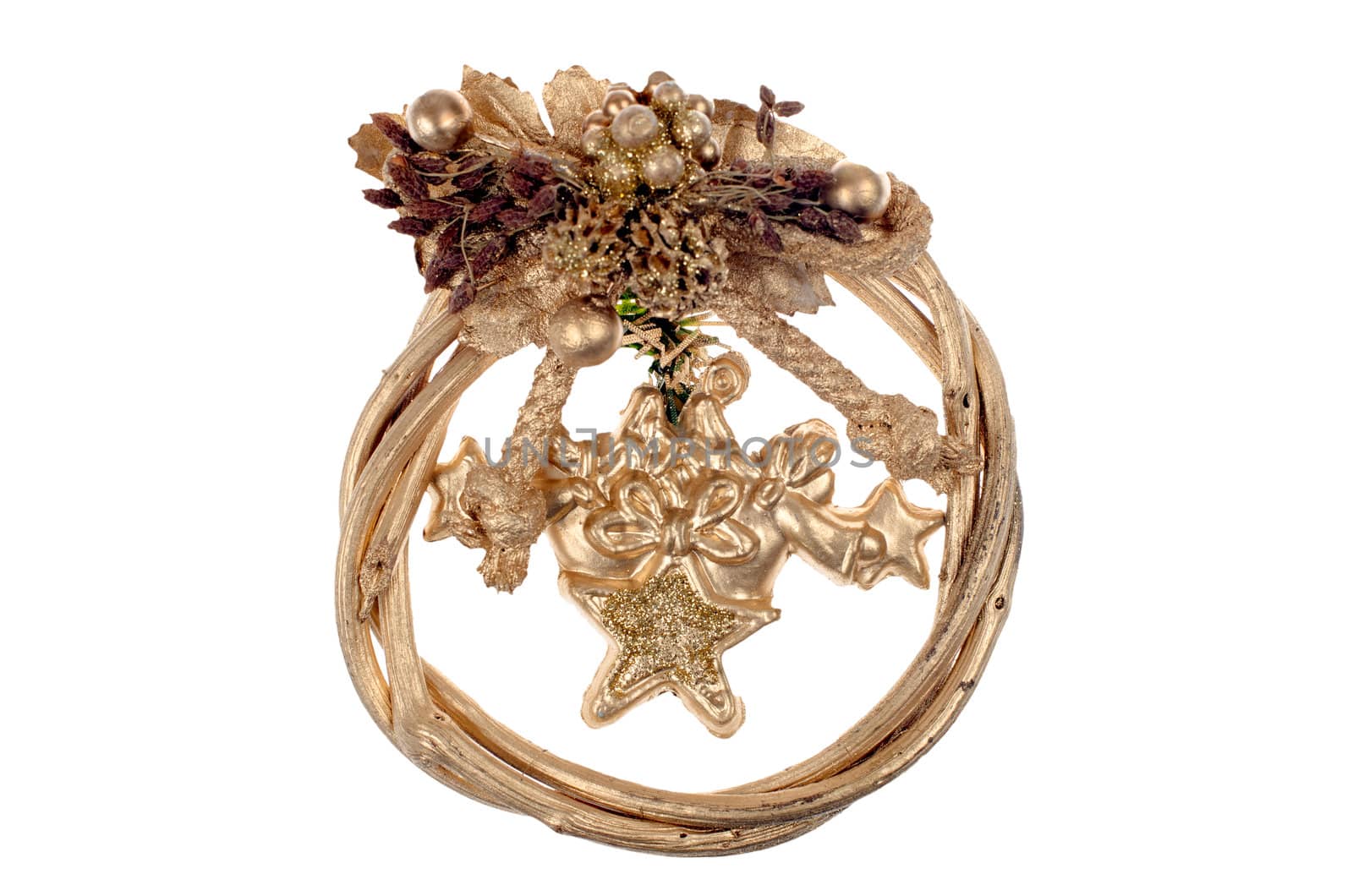 A gold christmas wreath isolated on white background.