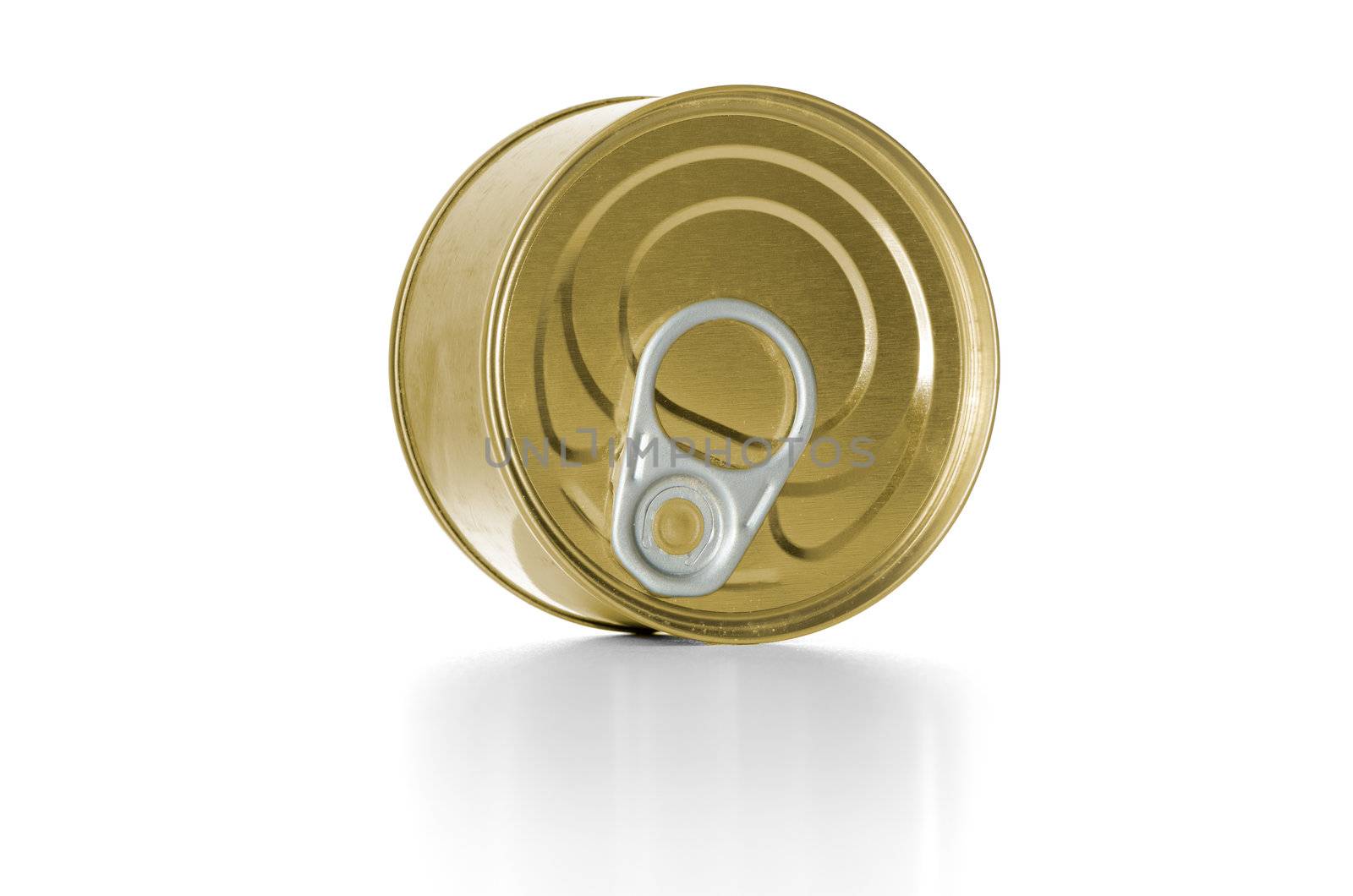 Tuna fish tin can on white background.