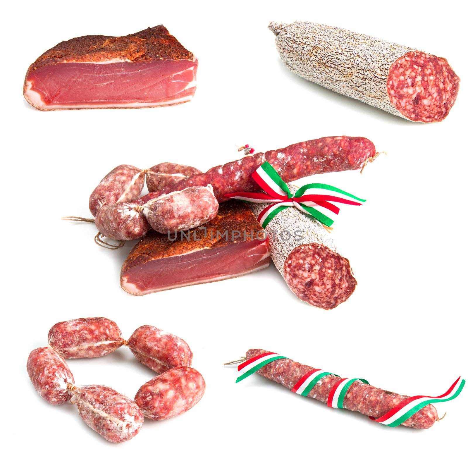 Meat collages  with Ham, Sausages and  Salami