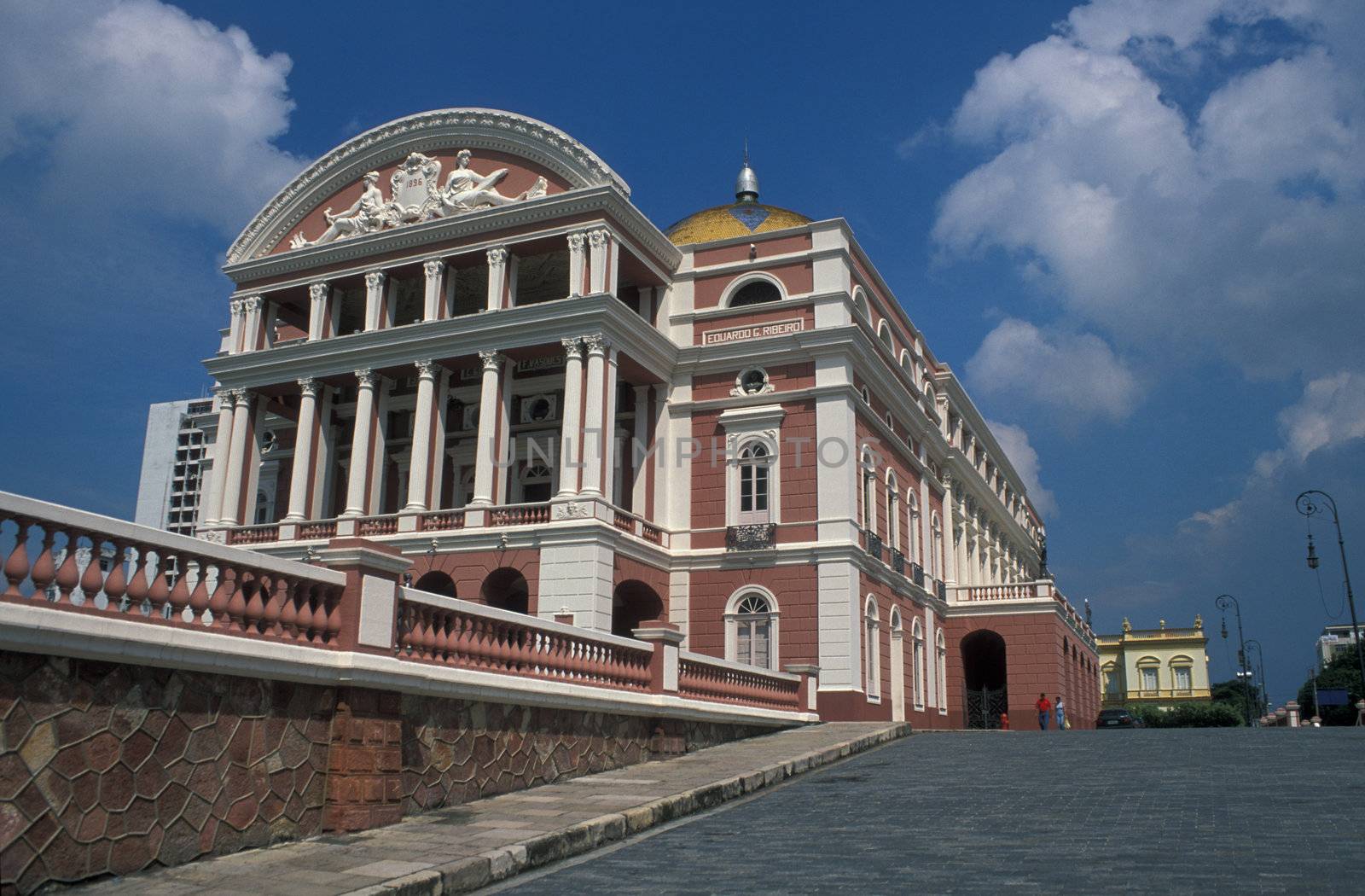 Pink and white opera house in the middle of the Amazon at Manaus, Brazil