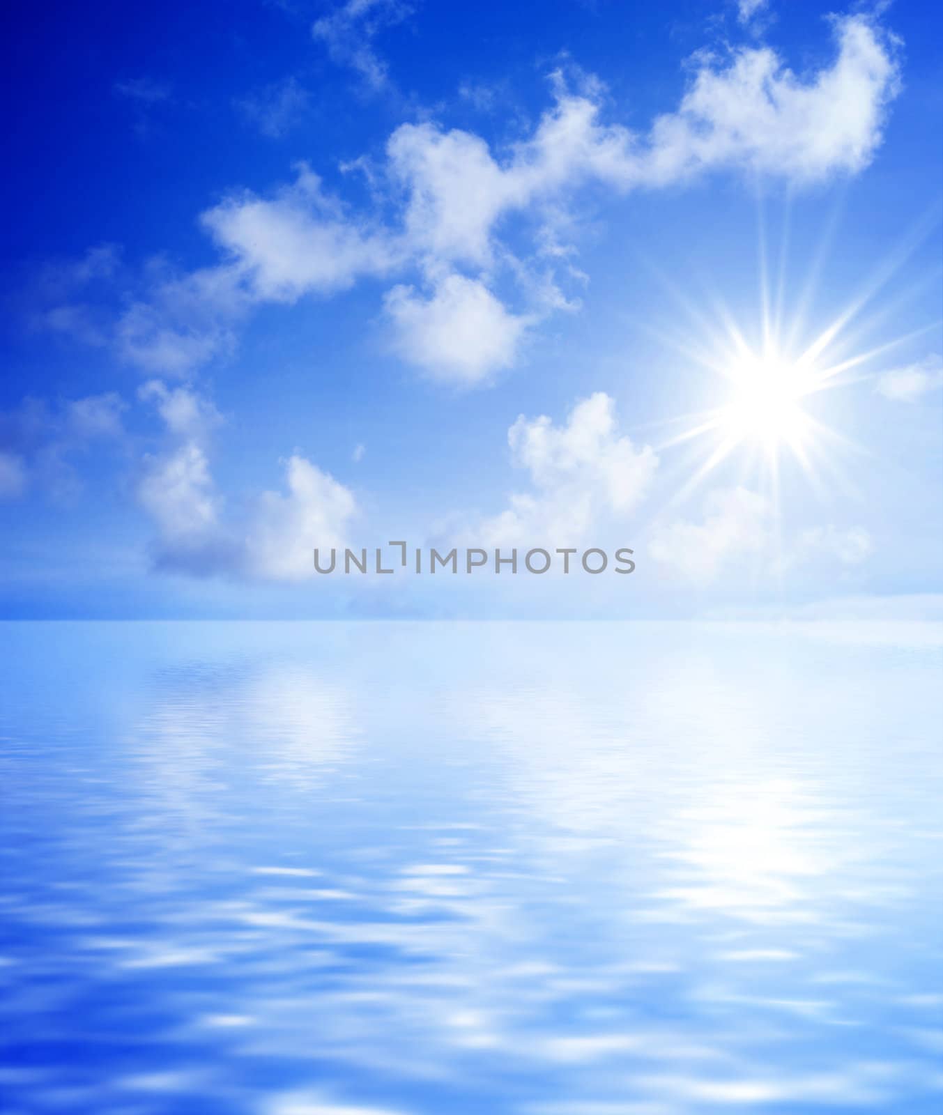 Beautiful seascape with sun shining, reflection on water