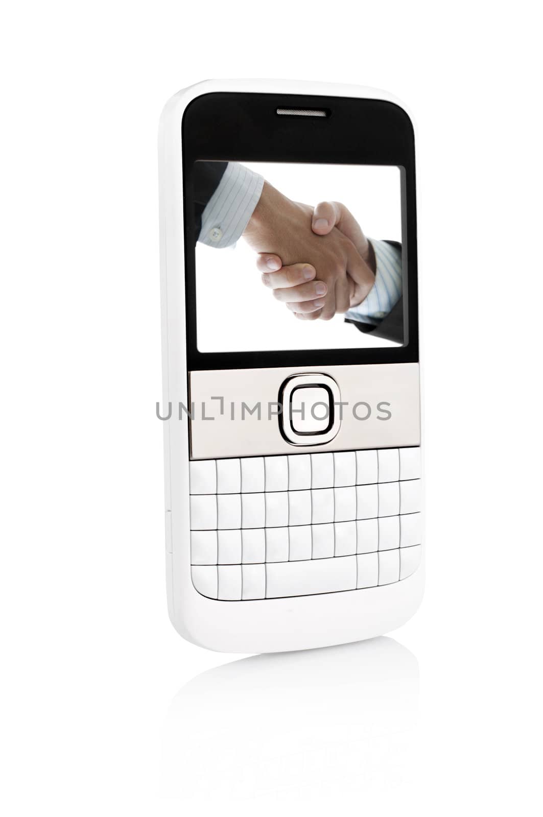 Business mobile phone isolated on white with reflection. Image on screen belongs to me.