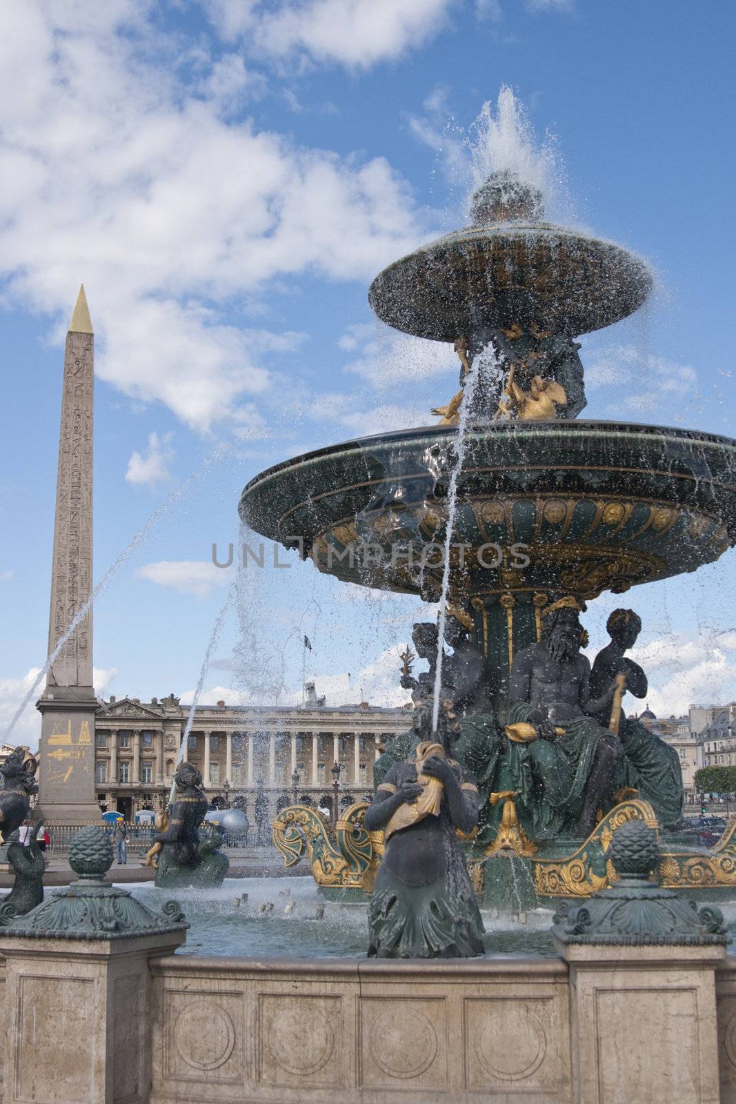 Fountain and ancient Egyptian obelisk in the Place de la Concorde in Paris, France