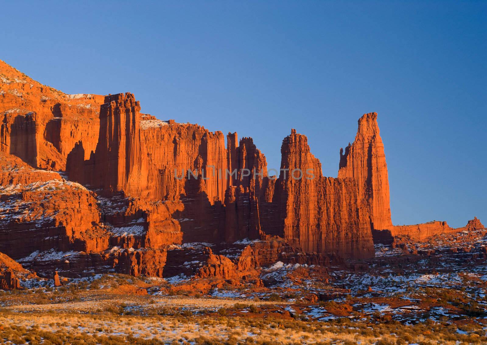The Fisher Towers at sunset, Grand County, Utah, USA