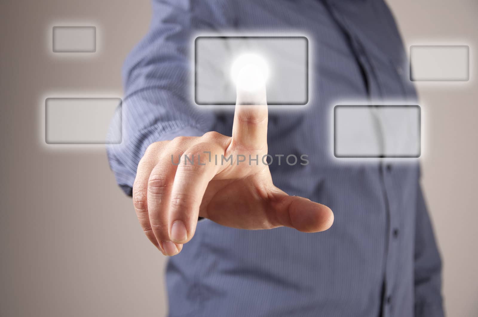 hand pushing a button on a touch screen interface, blur man background