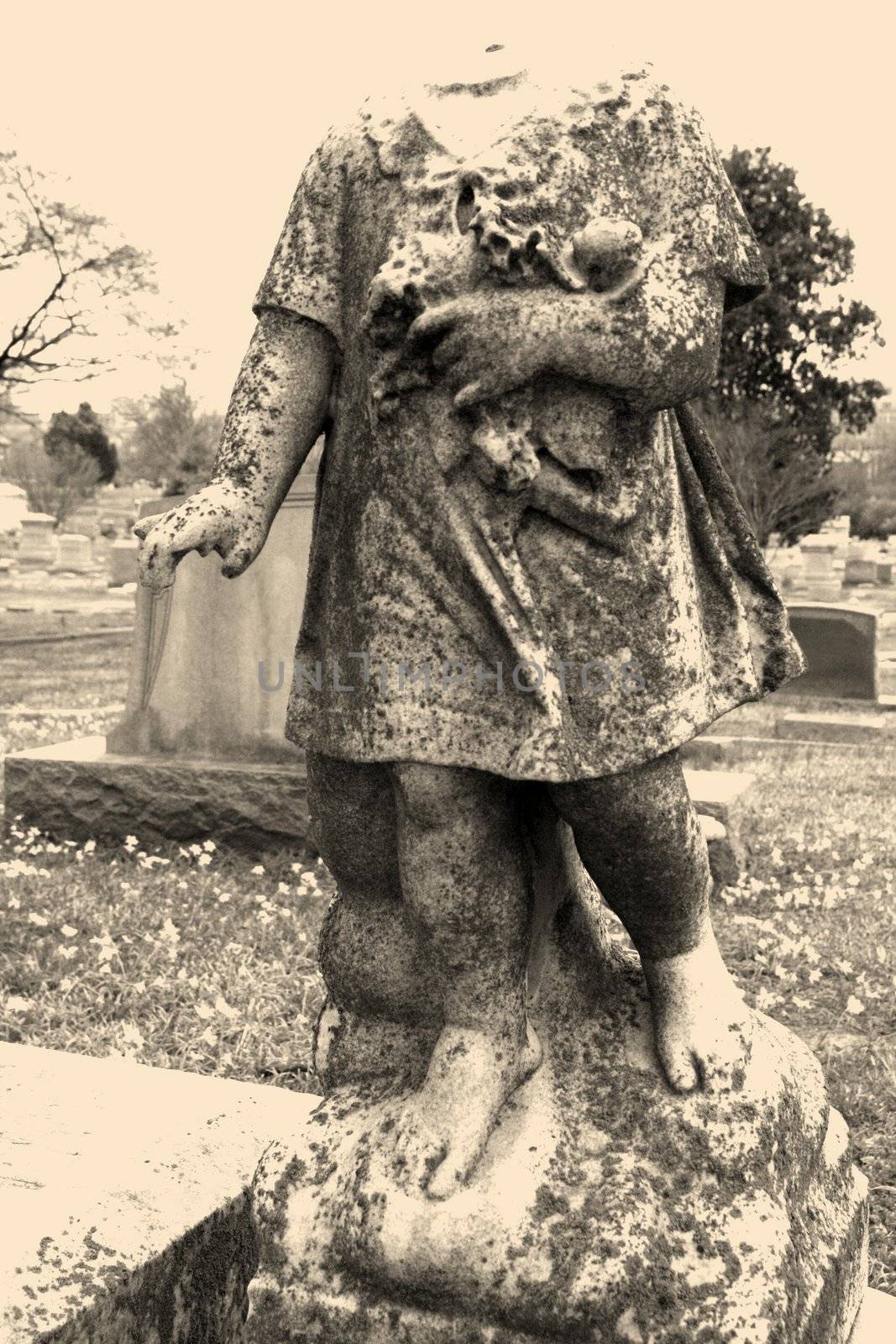 Statue in graveyard of headless cherub.
