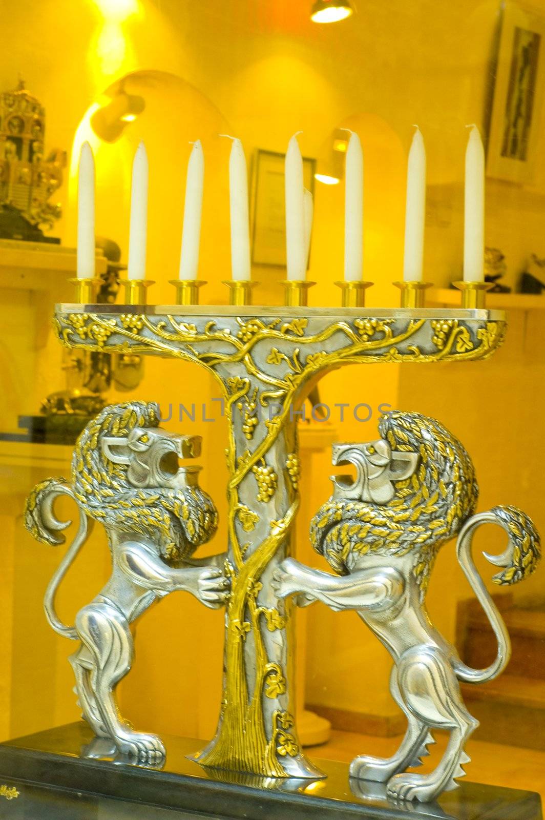 Traditional Hanukkah Menorah With All Candle, 
Supported By Lions.