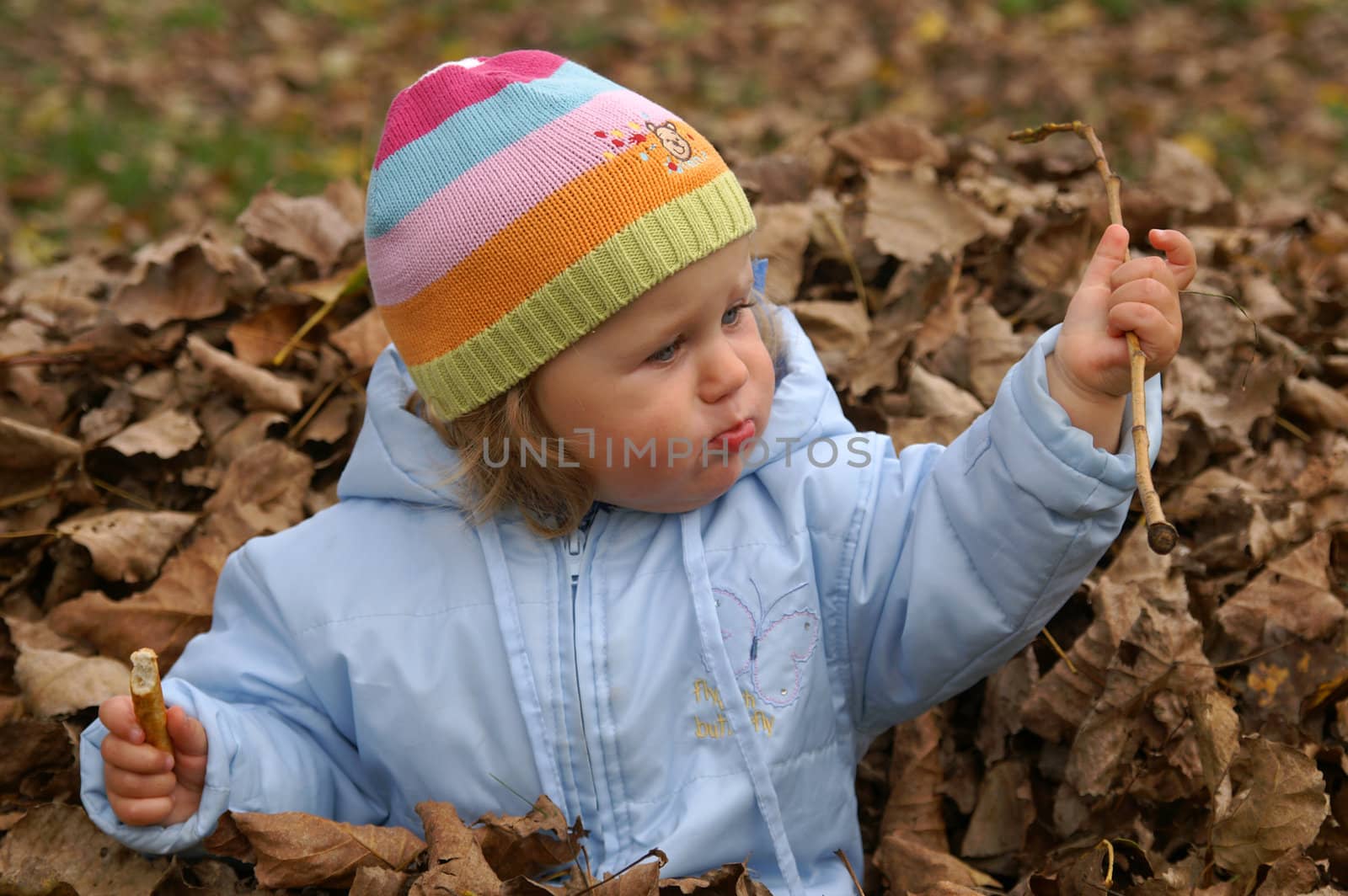 Small girl sits on leaves and stick holds 