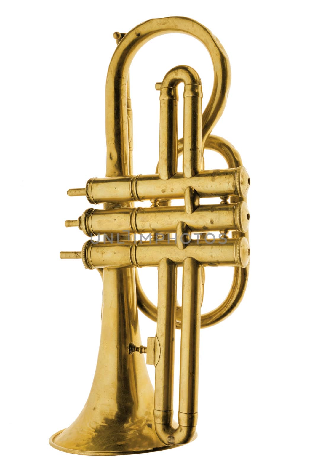 Old gold trumpet vintage isolated white background