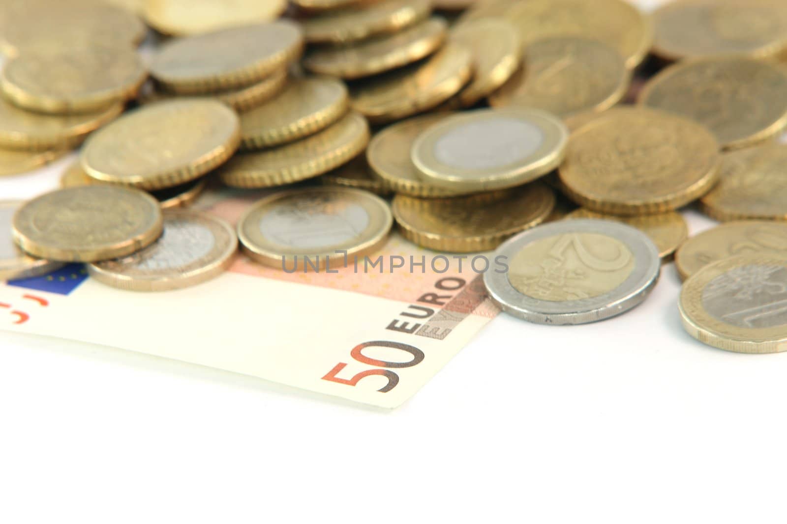 euro currency blur coins and fifty euros bank note isolated on white background with copy space
