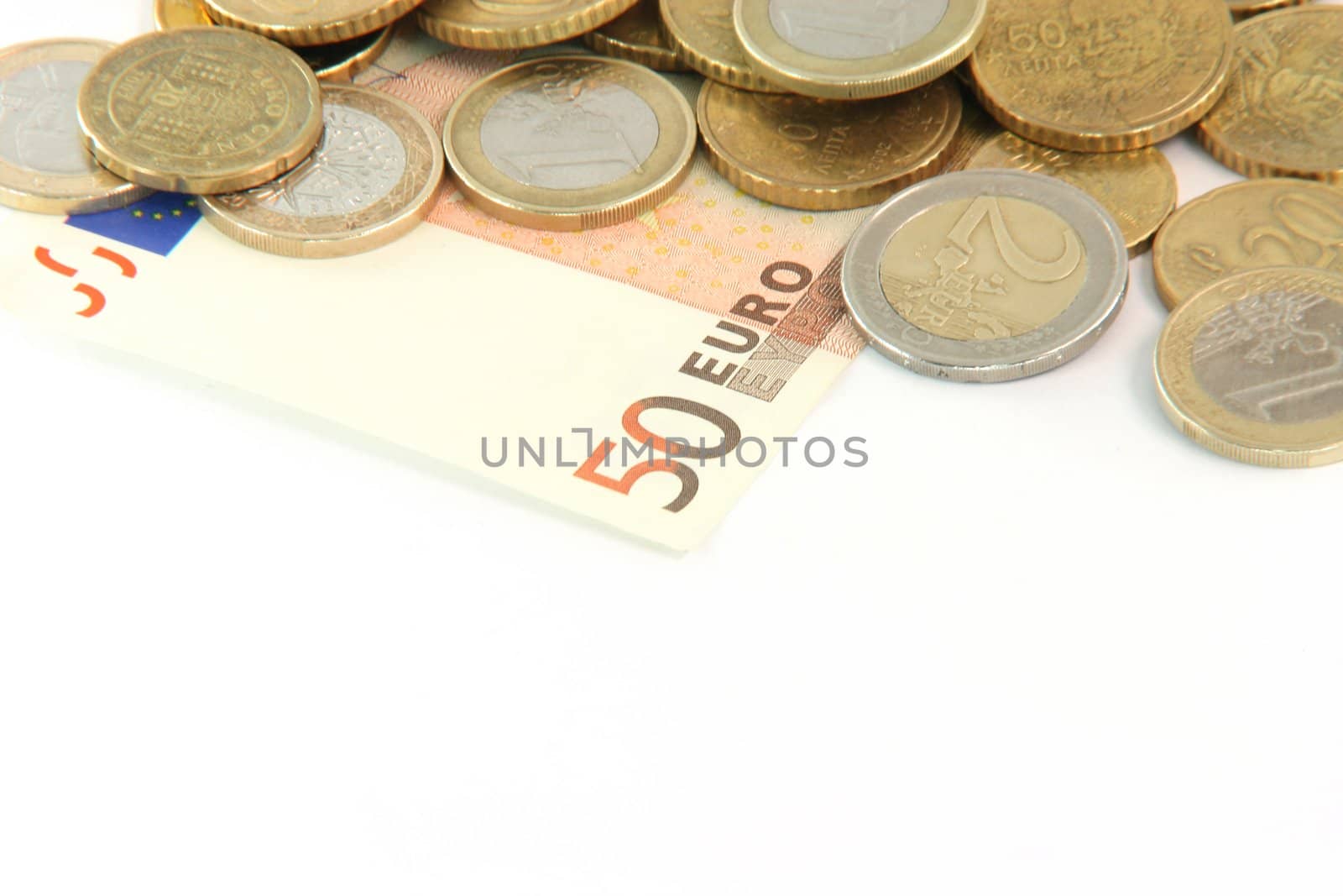 euro currency coins and bank note isolated on white background with copy space