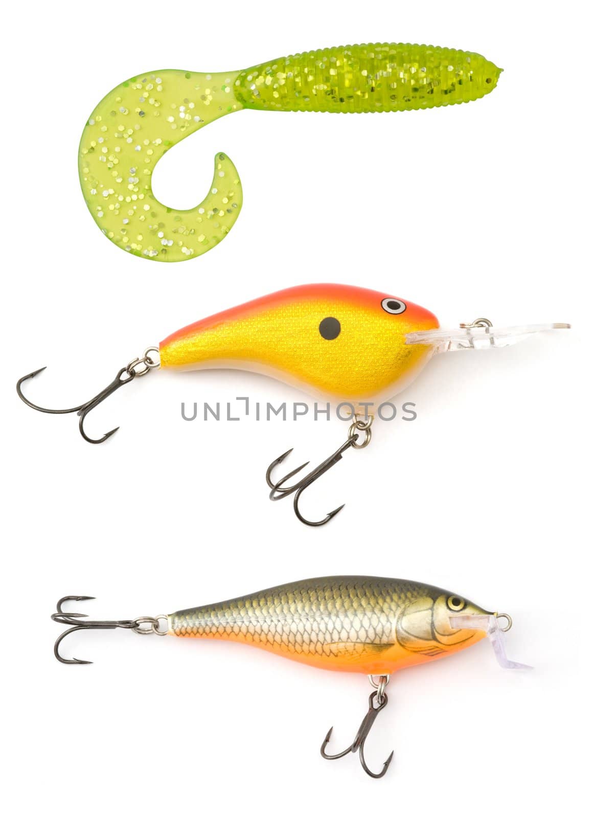isolated three kinds of fishing lures on white background