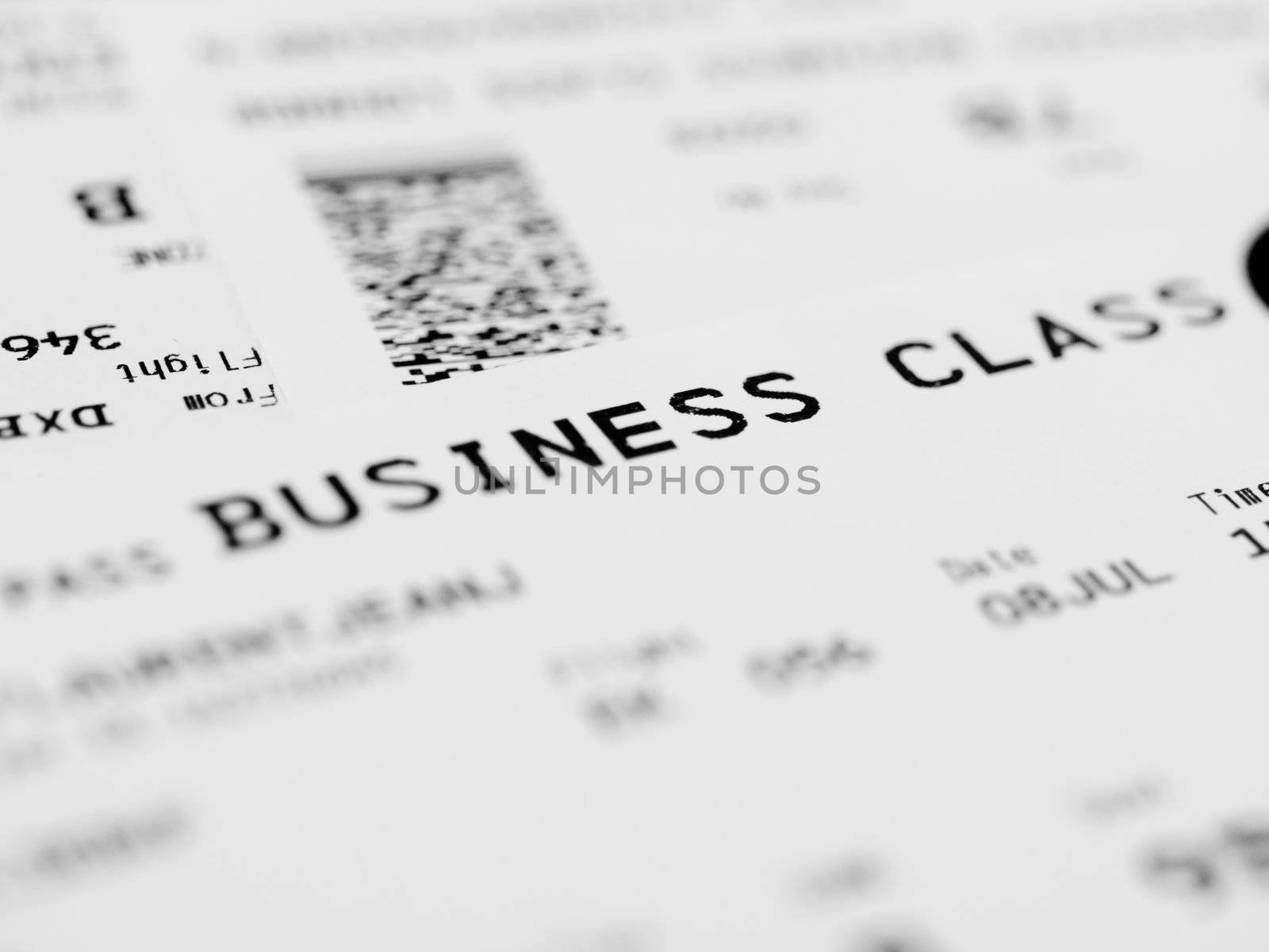 Close up of a business class ticket with shallow depth of field
