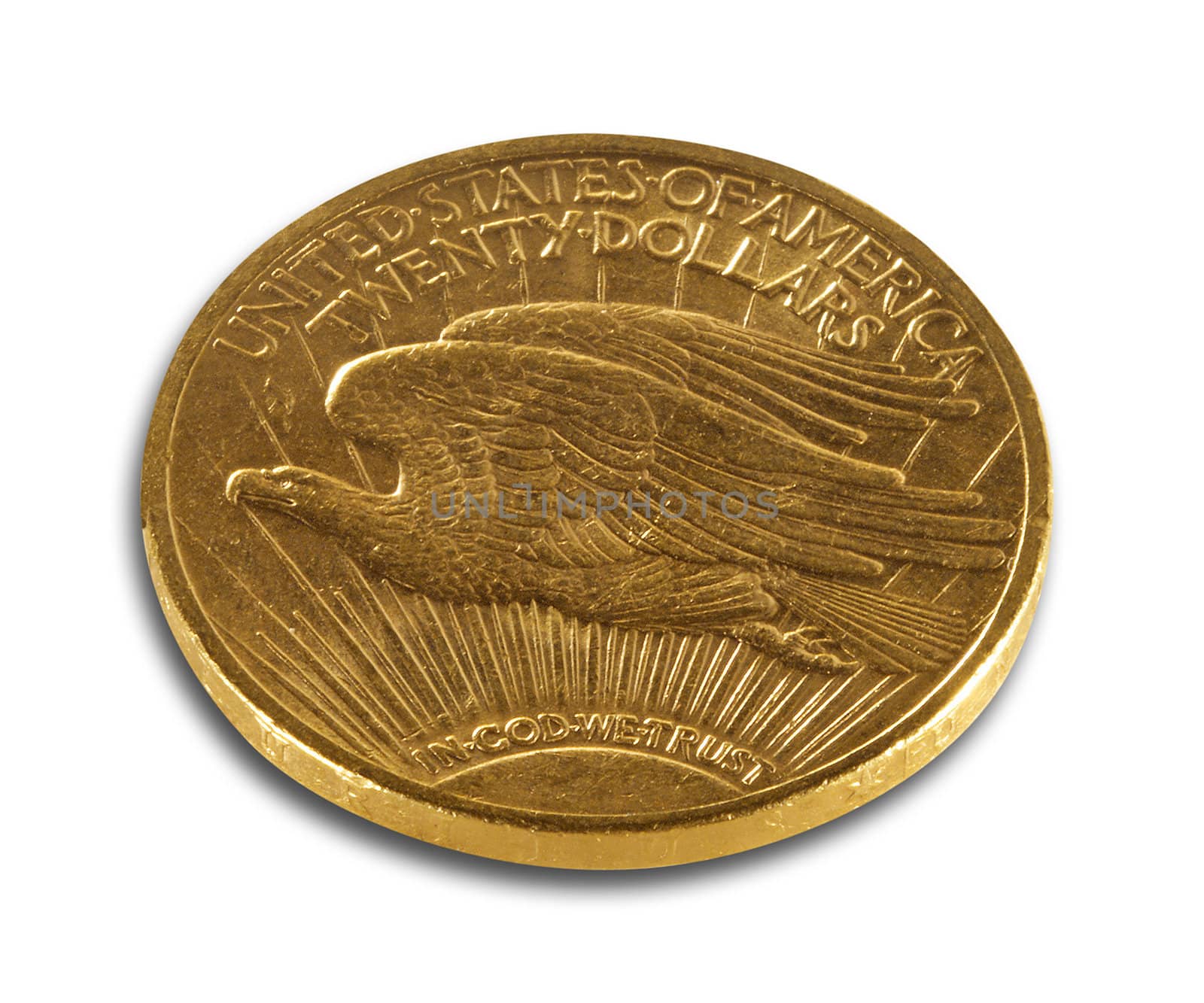 Double eagle gold coin on white, isolated with clipping path