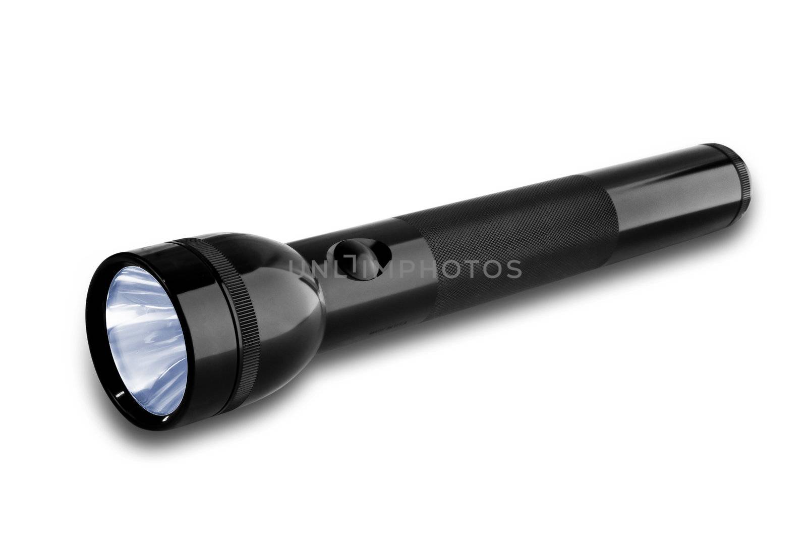 large d cell black flashlight with shadow and clipping path