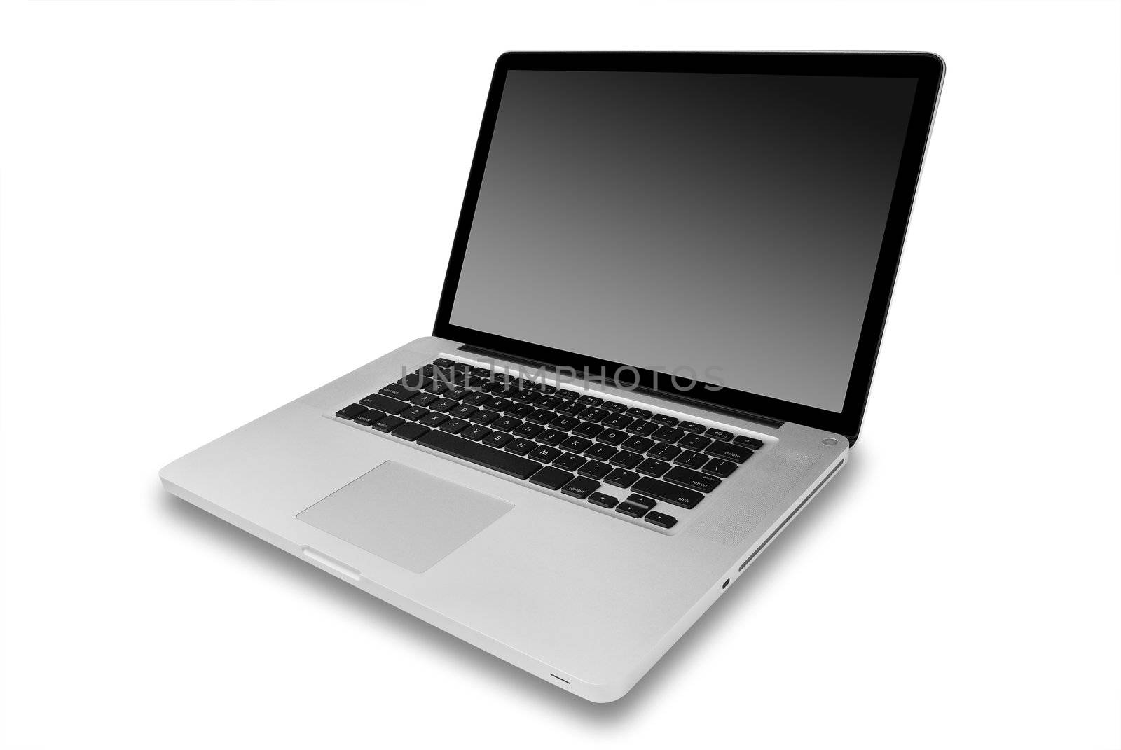 Modern laptop isolated on white with reflections on glass table.