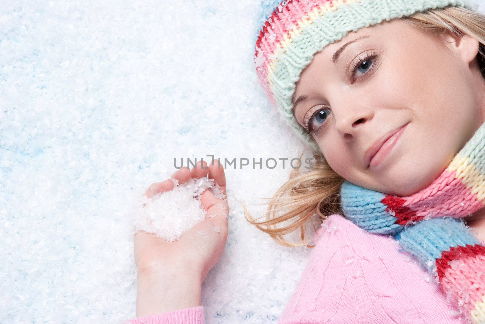 Beautiful winter snow woman playing