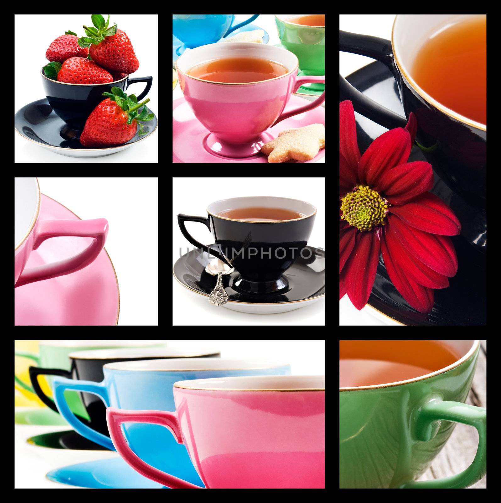 Collage of teacups in different colors on white background