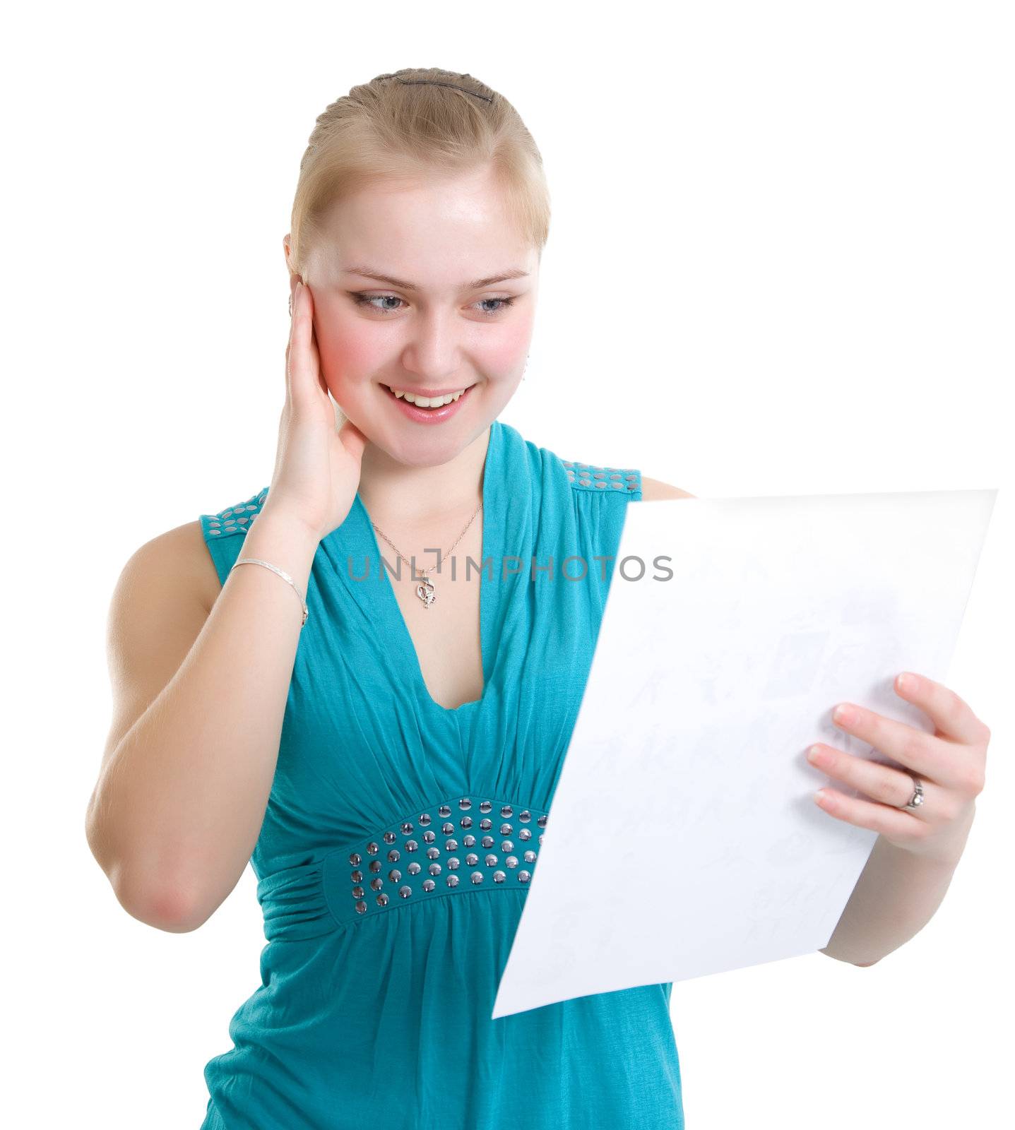 Happy schoolgirl received a diploma. Isolated on white background