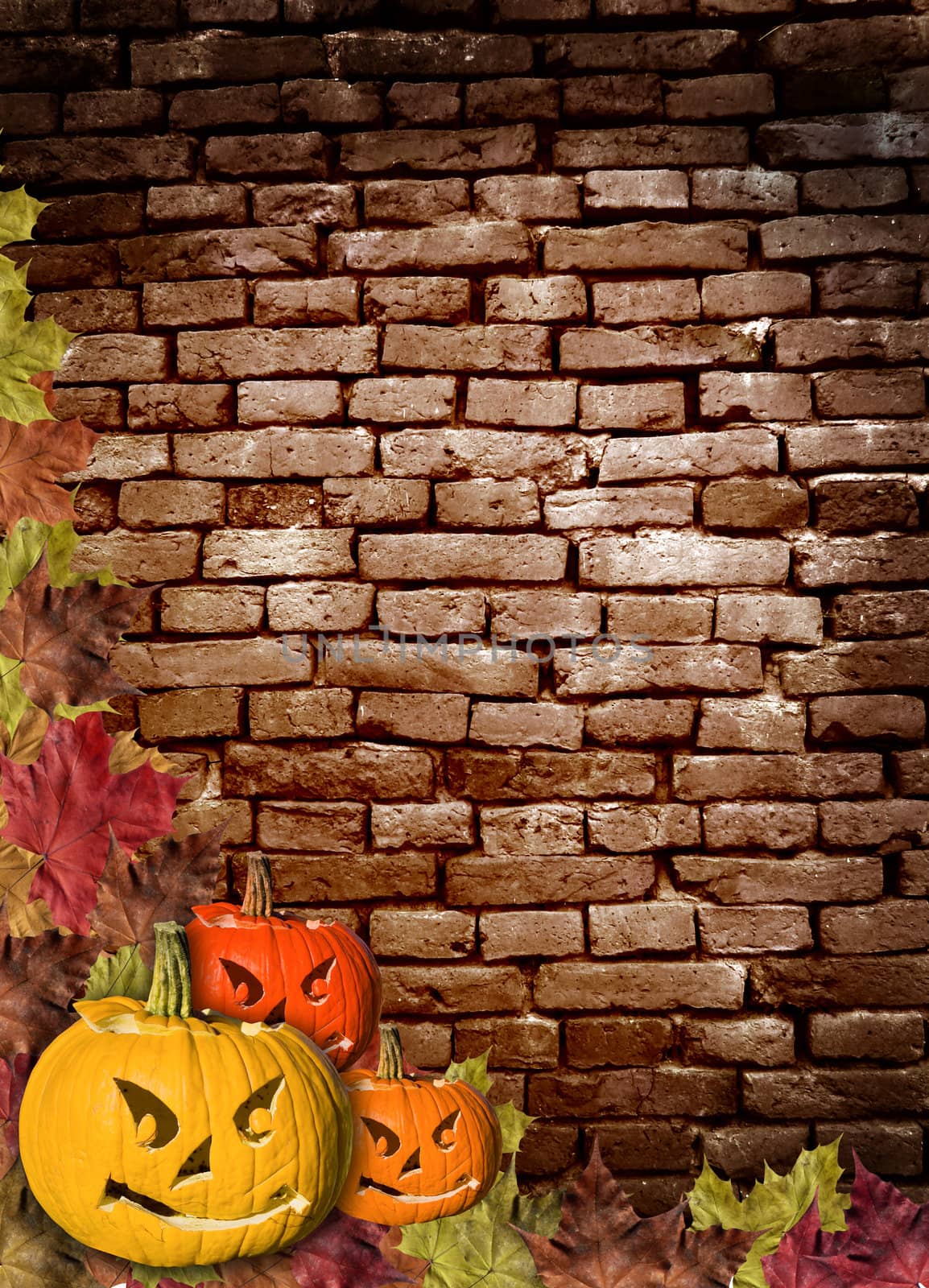 Fall leaves with pumpkin on wall Brick brown background by rufous