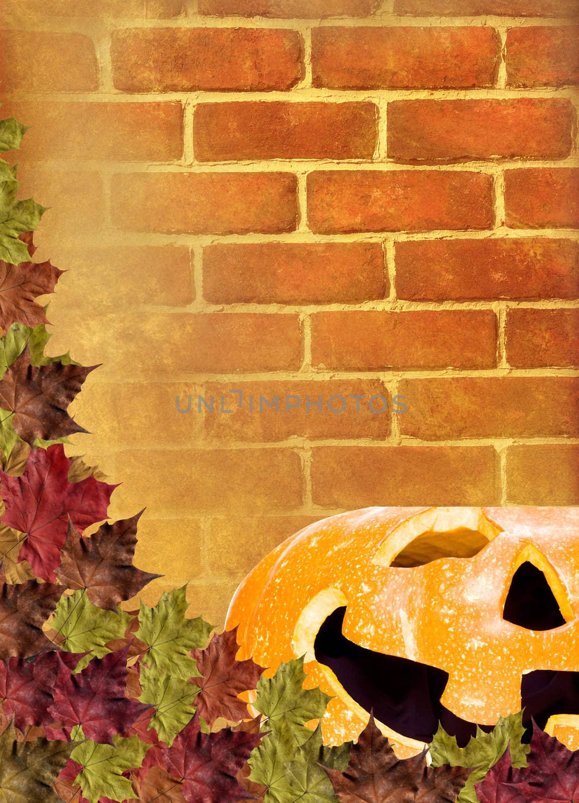 Fall leaves with pumpkin on wall Brick brown background by rufous