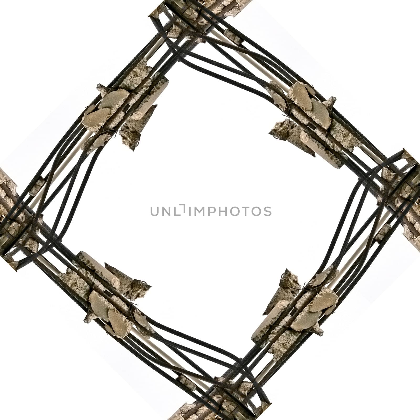 Rusty steel bars and demolished concrete. Industrial frame illustration.