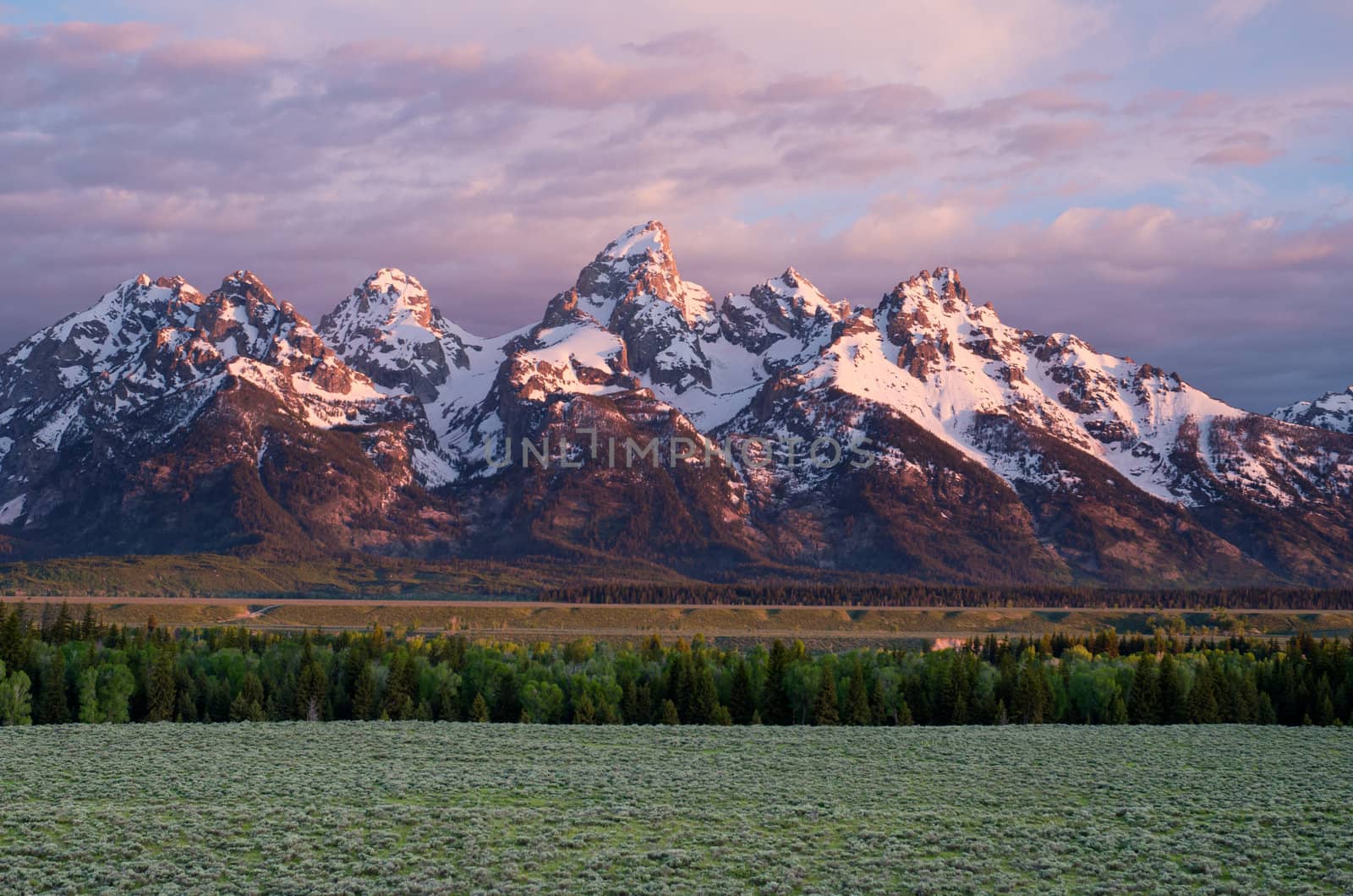 The Teton Mountain Range and sagebrush flats at sunrise in early summer, Grand Teton National Park, Teton County, Wyoming, USA by CharlesBolin