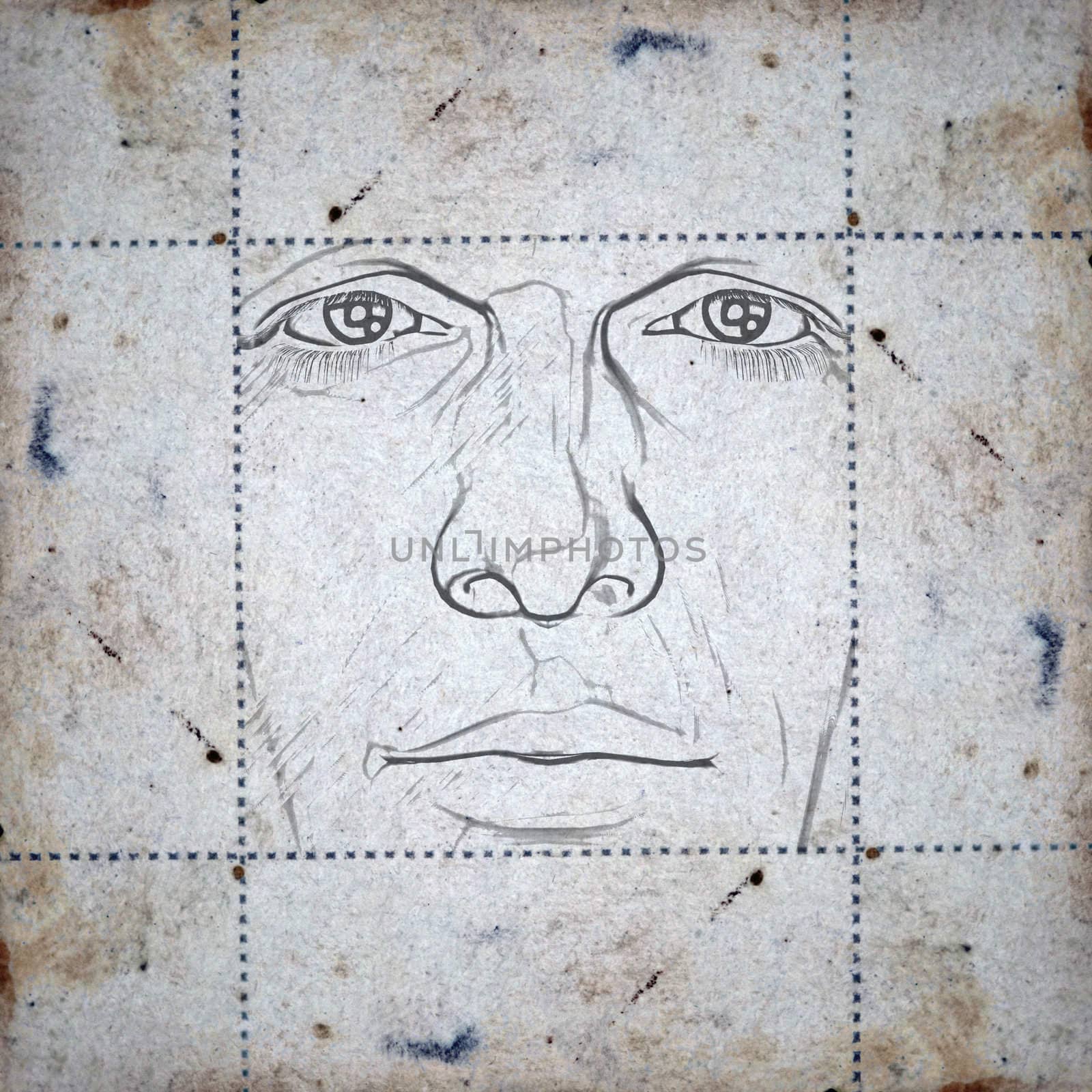 Sketch of a man's face on stained paper background. Digitally created illustration.
