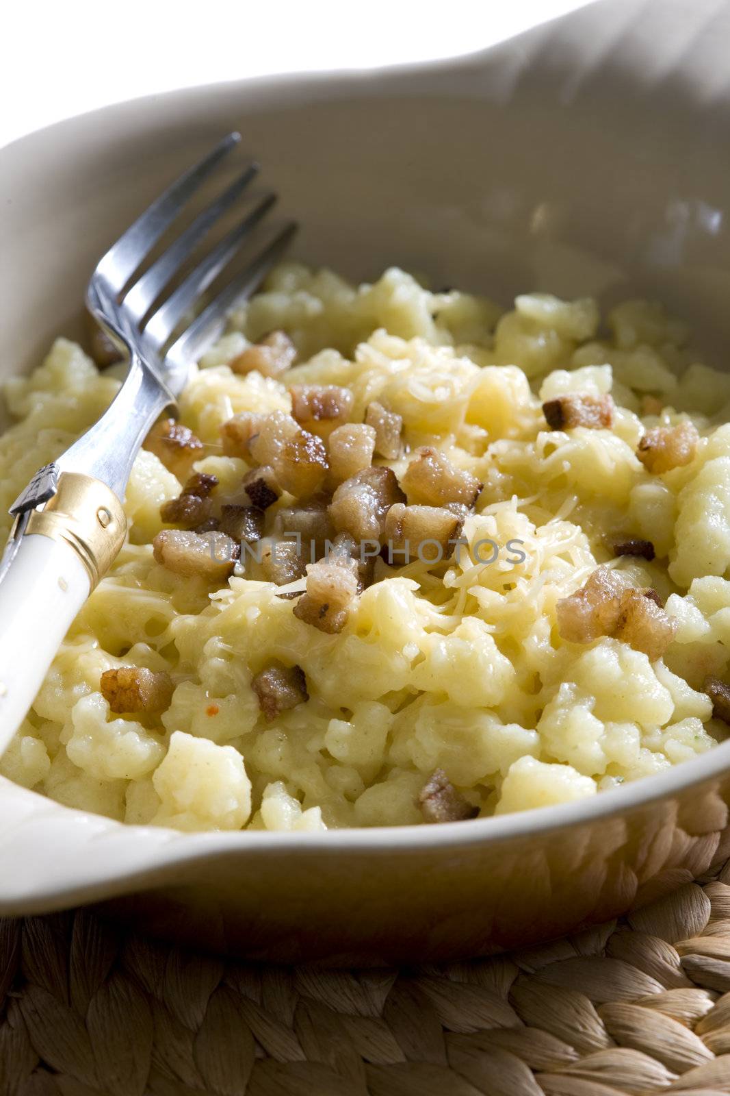 halusky with cheese and bacon (Slovakian cuisine)