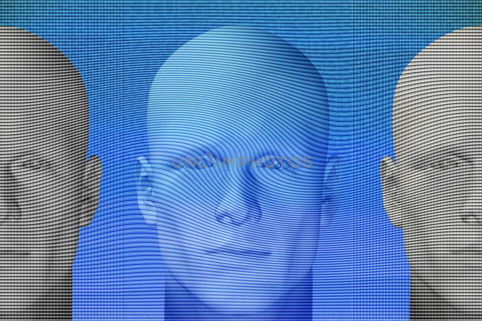 Futuristic male figures and abstract shapes. 3d digitally created futuristic illustration.