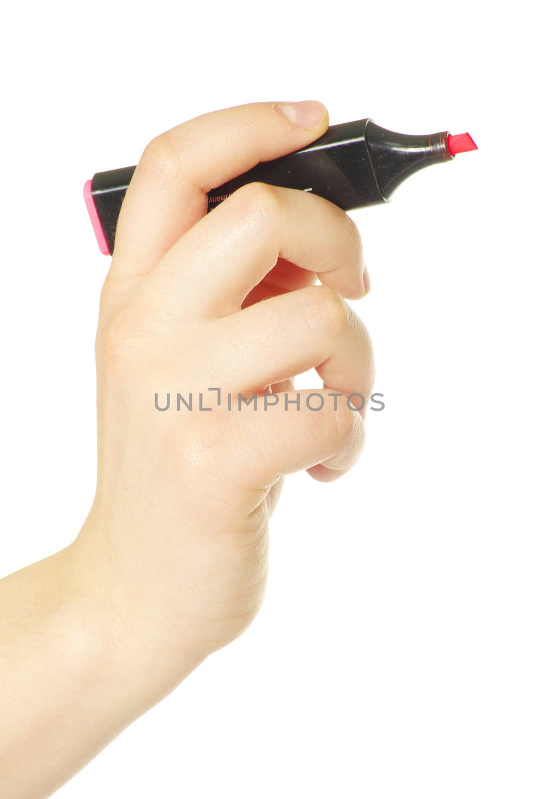 Hand with marker isolated on white background