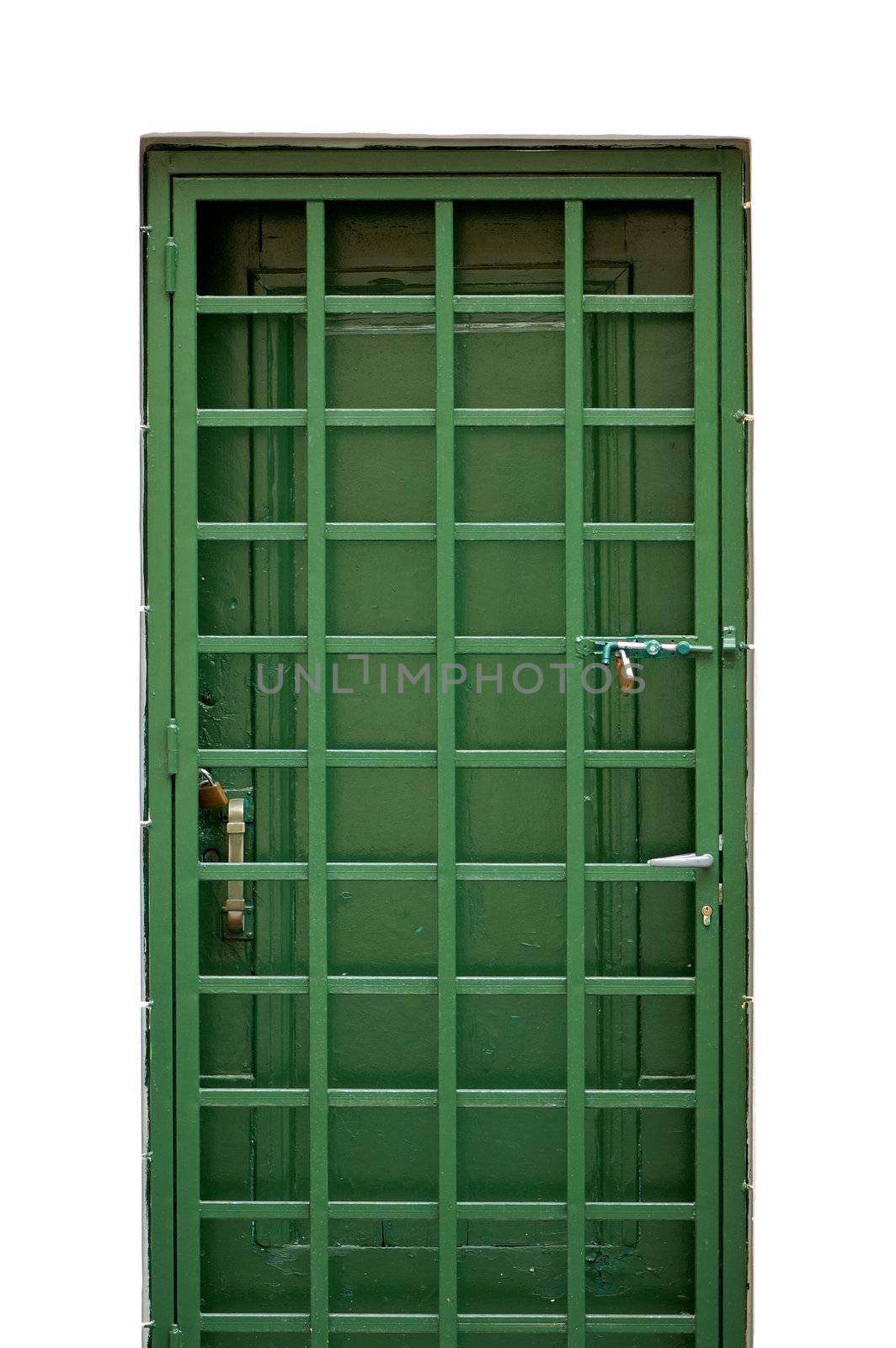 Green door and locked protective metal frame.