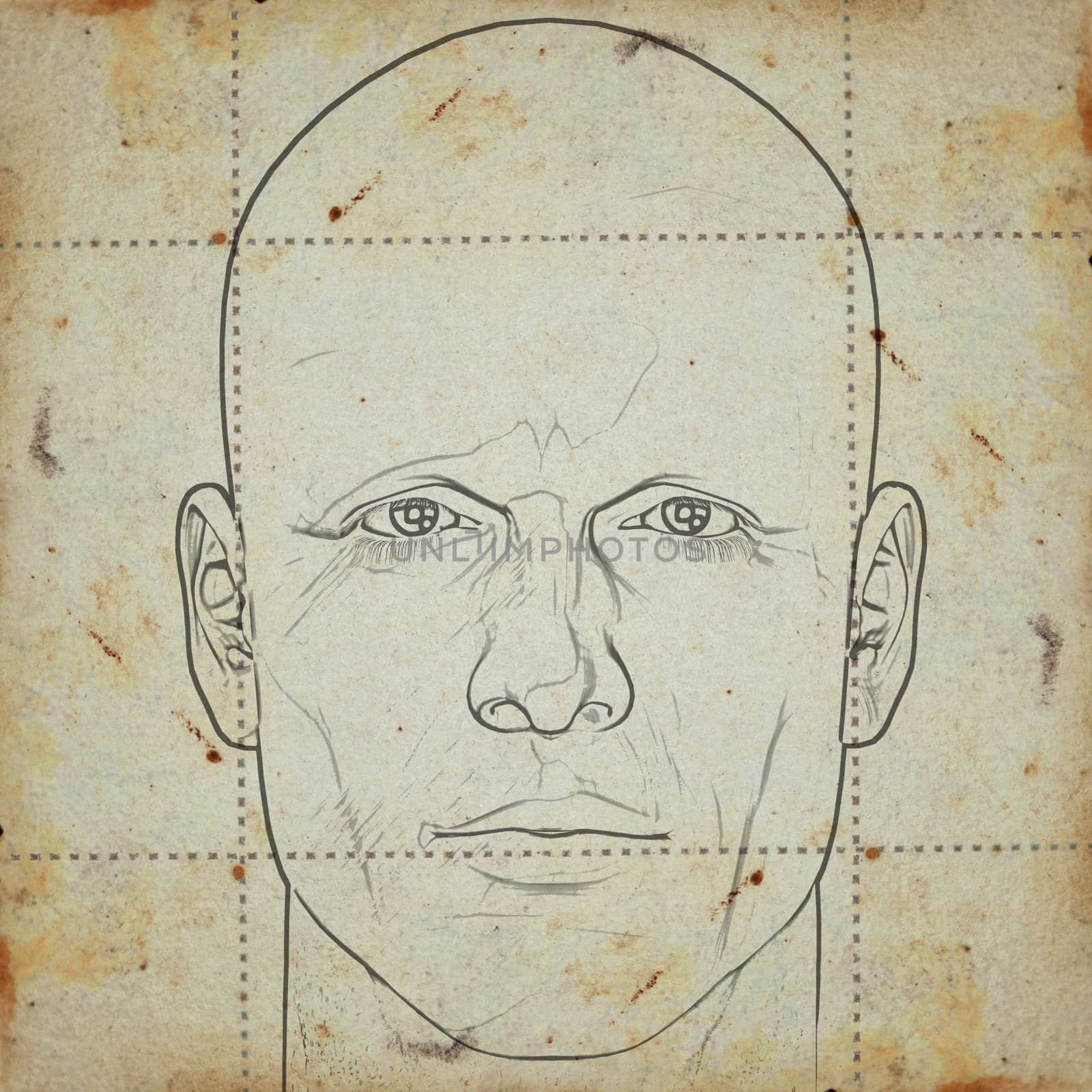 Sketch of a man's head on stained paper background. Digitally created illustration.