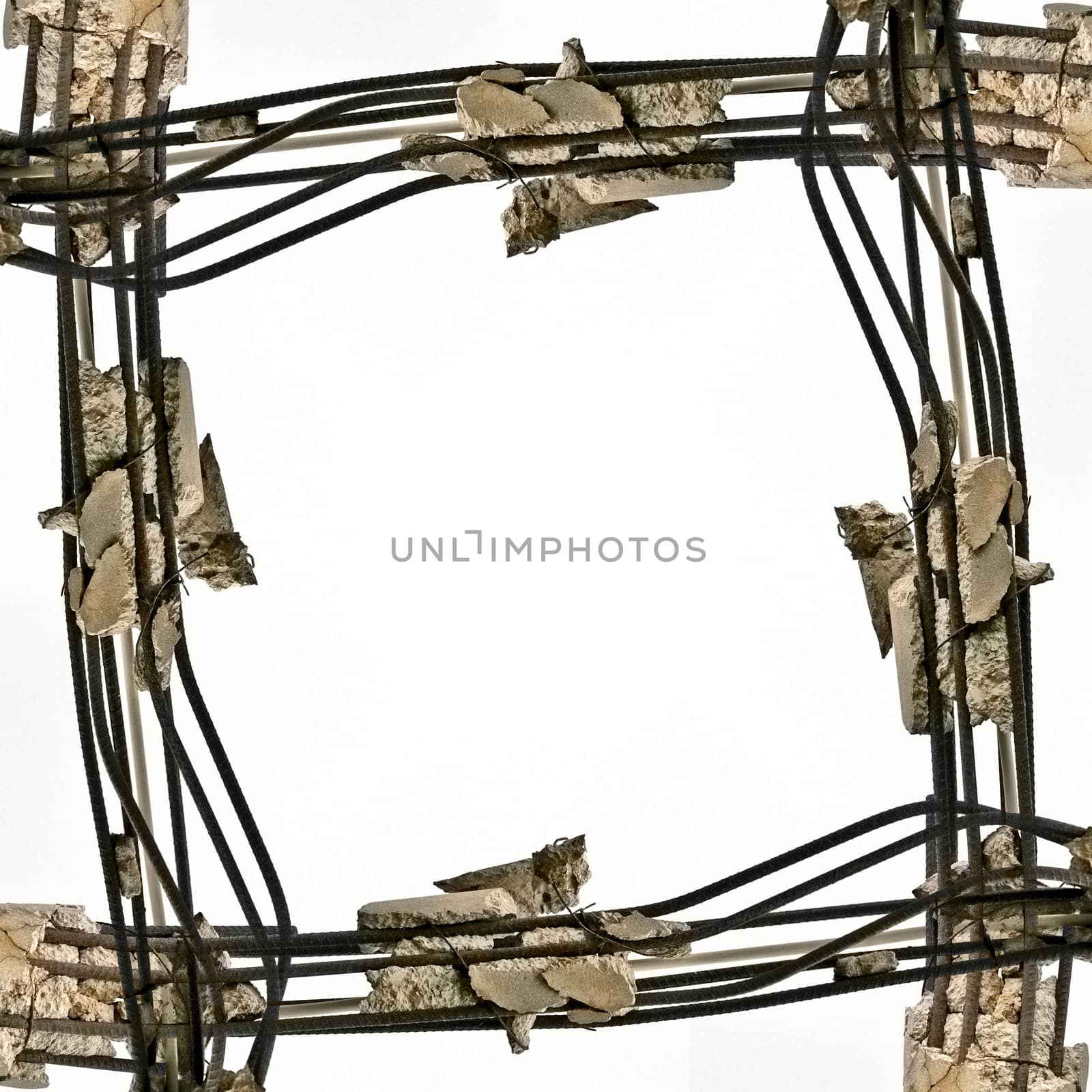 Industrial frame illustration. Rusty steel bars and demolished concrete.