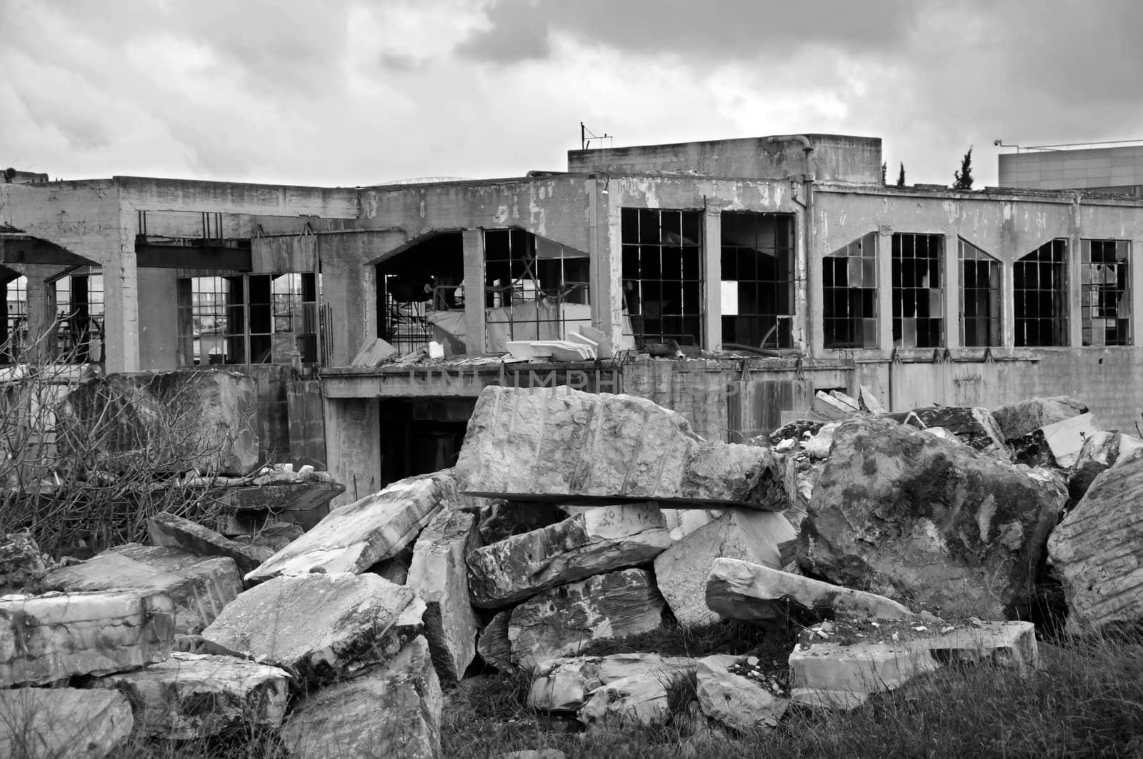 Old marble processing factory. Black and white.