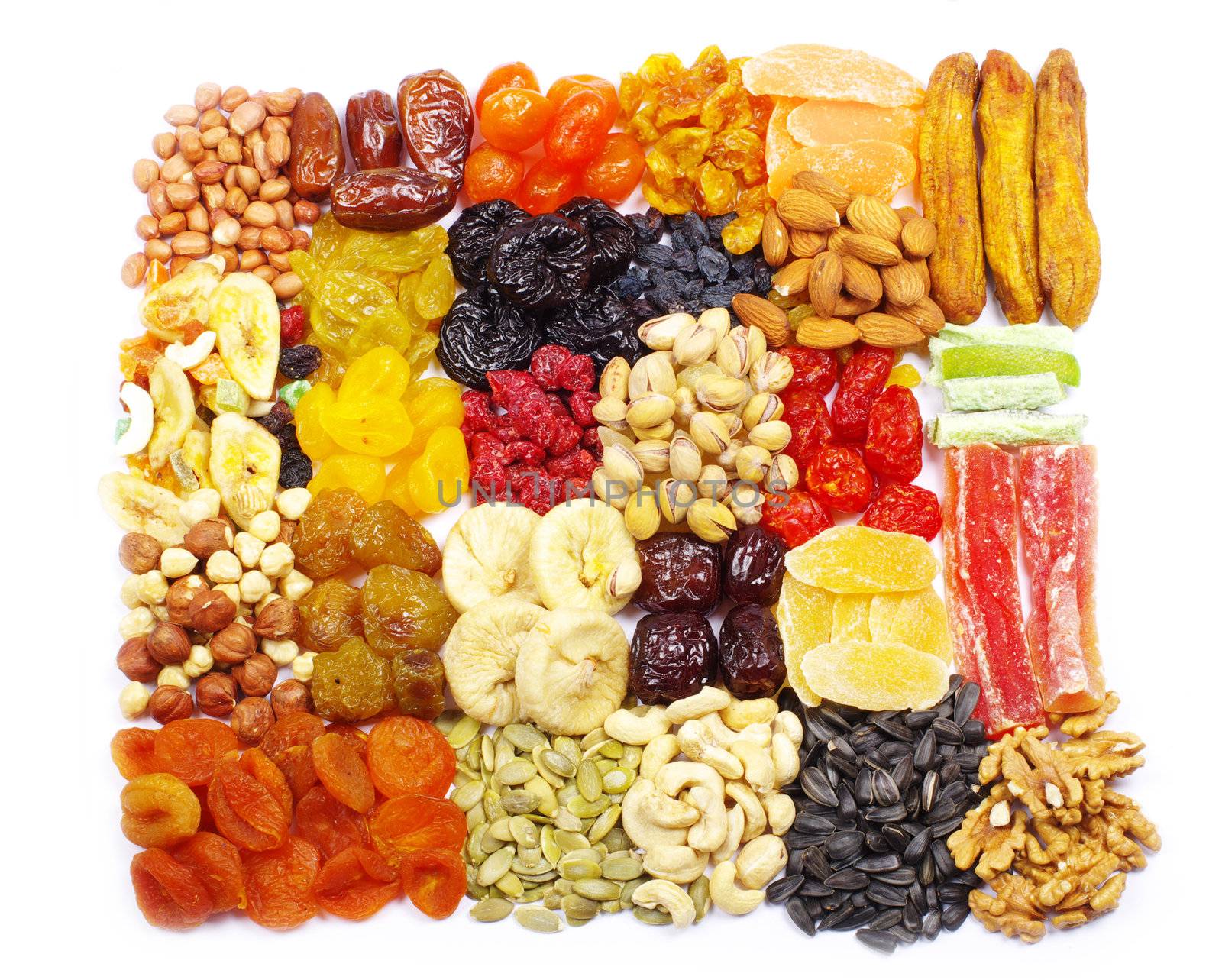 assorted dried fruits isolated on white