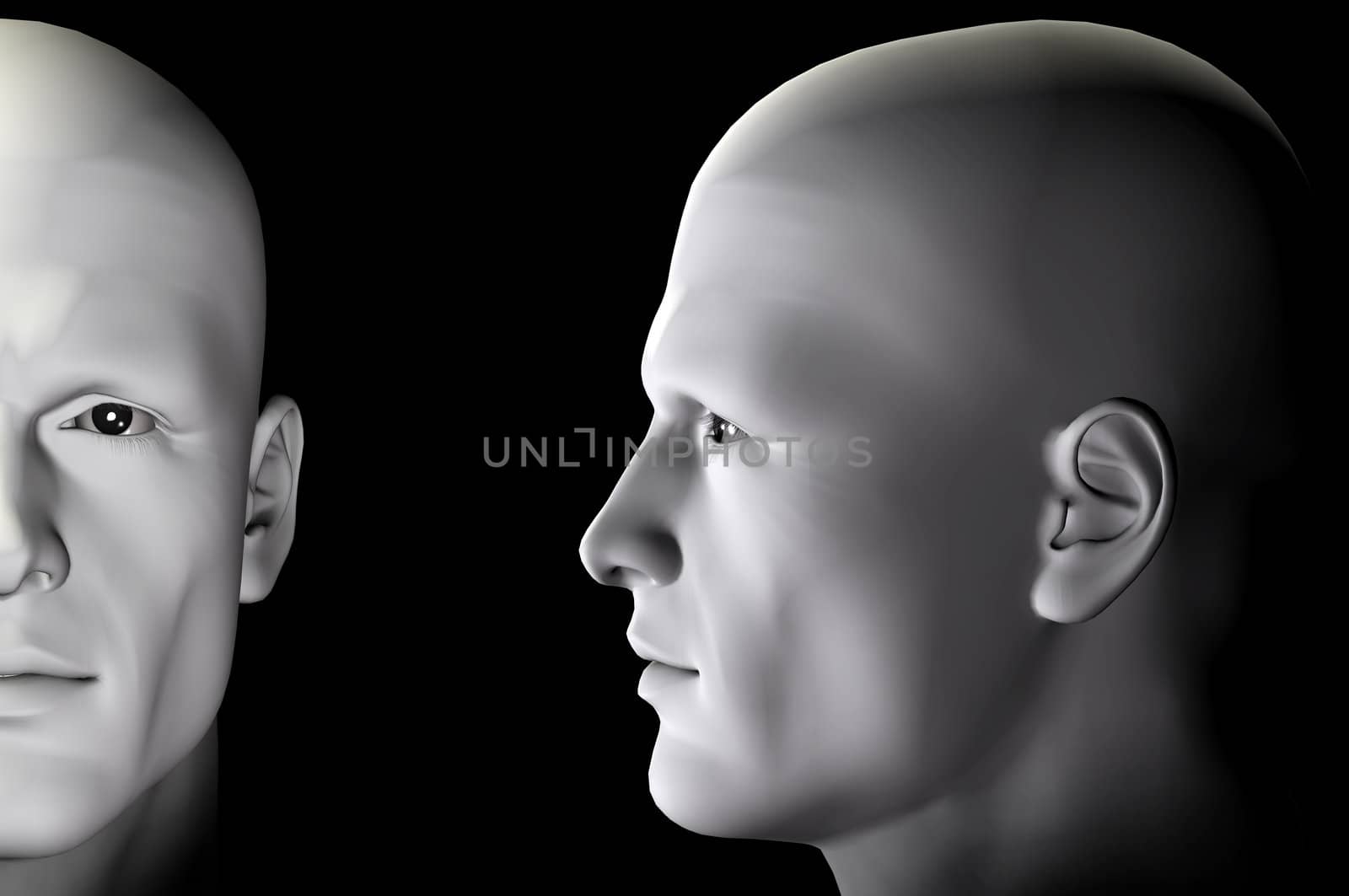 Male figure profile and portrait on black background. Digitally created 3d illustration.