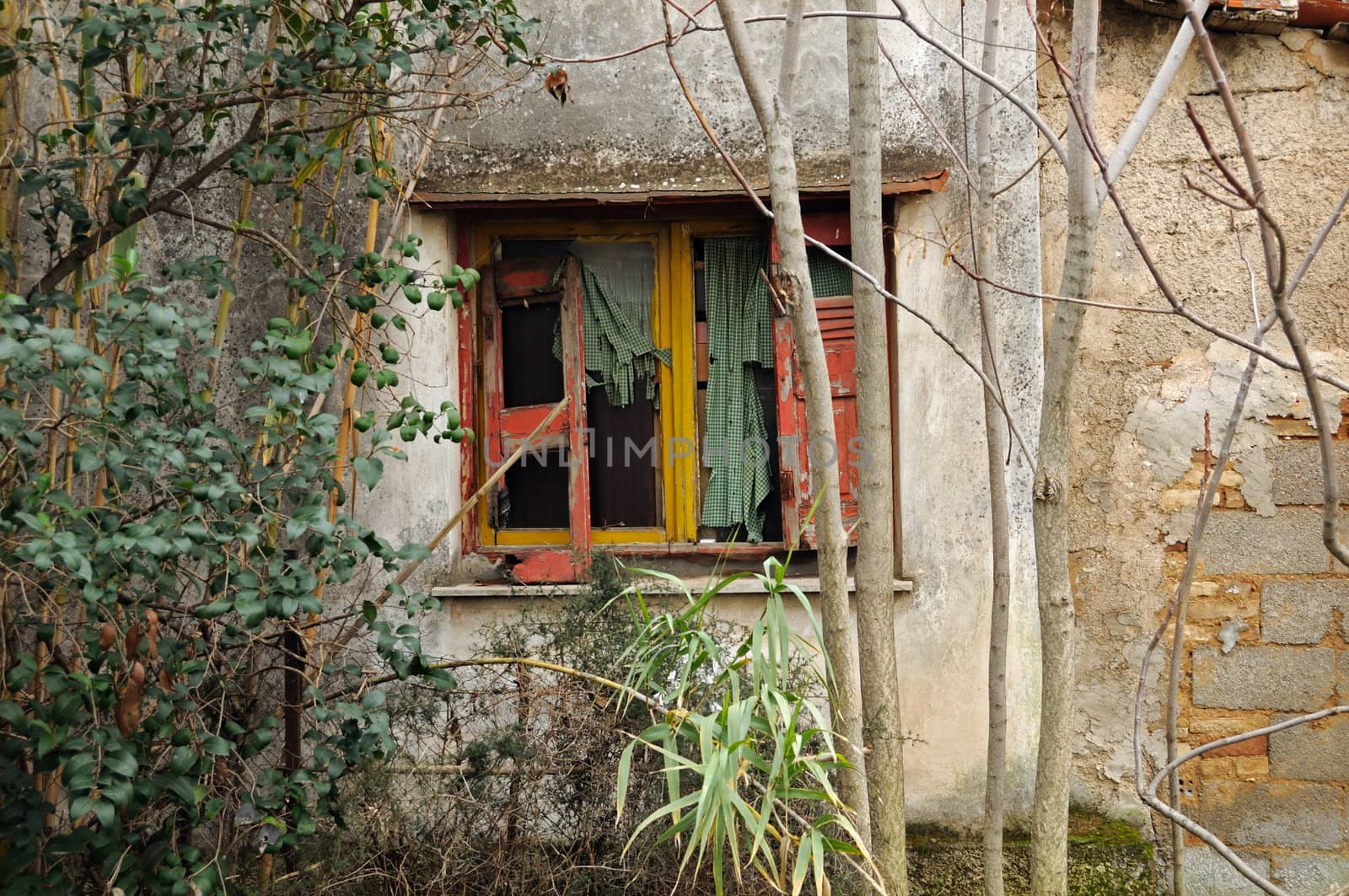 Broken window shutter and ragged drapes. Weathered abandoned house wall.
