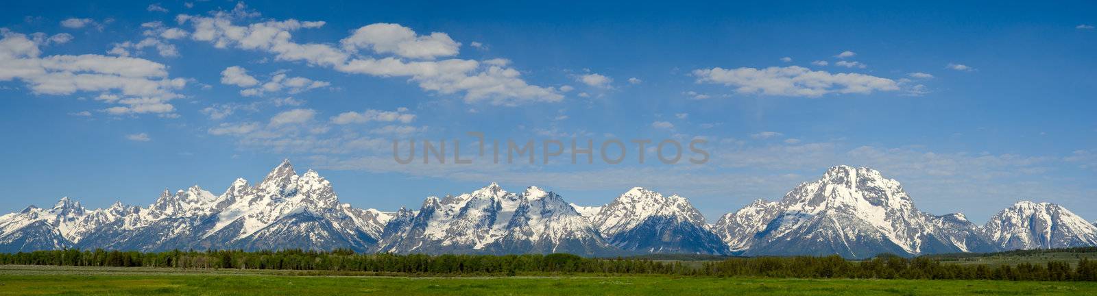 Panorama of the Teton Mountain Range in early summer, Grand Teton National Park, Teton County, Wyoming, USA