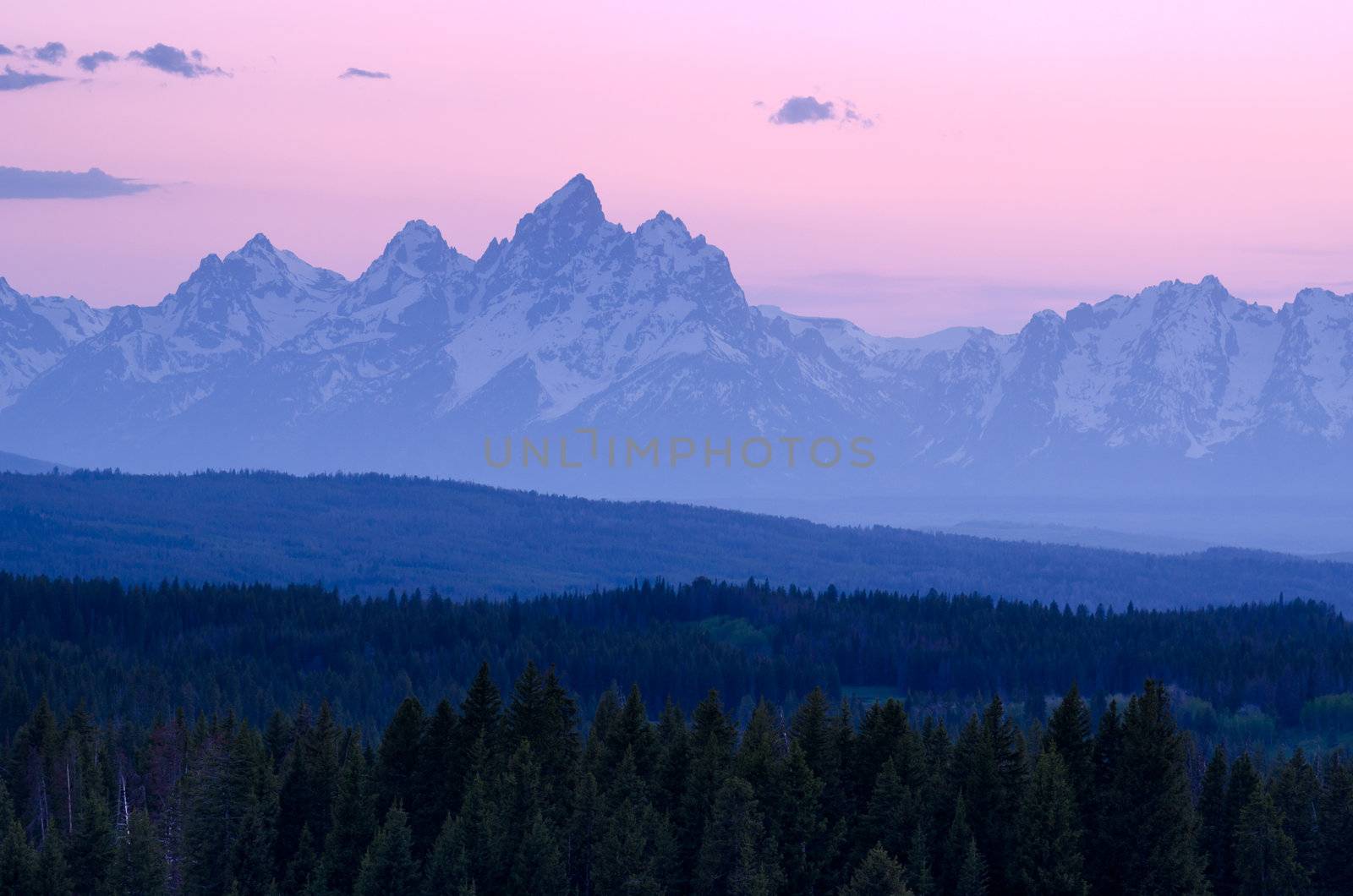 The Teton Mountains and forested ridges at twilight, Grand Teton National Park, Teton County, Wyoming, USA
