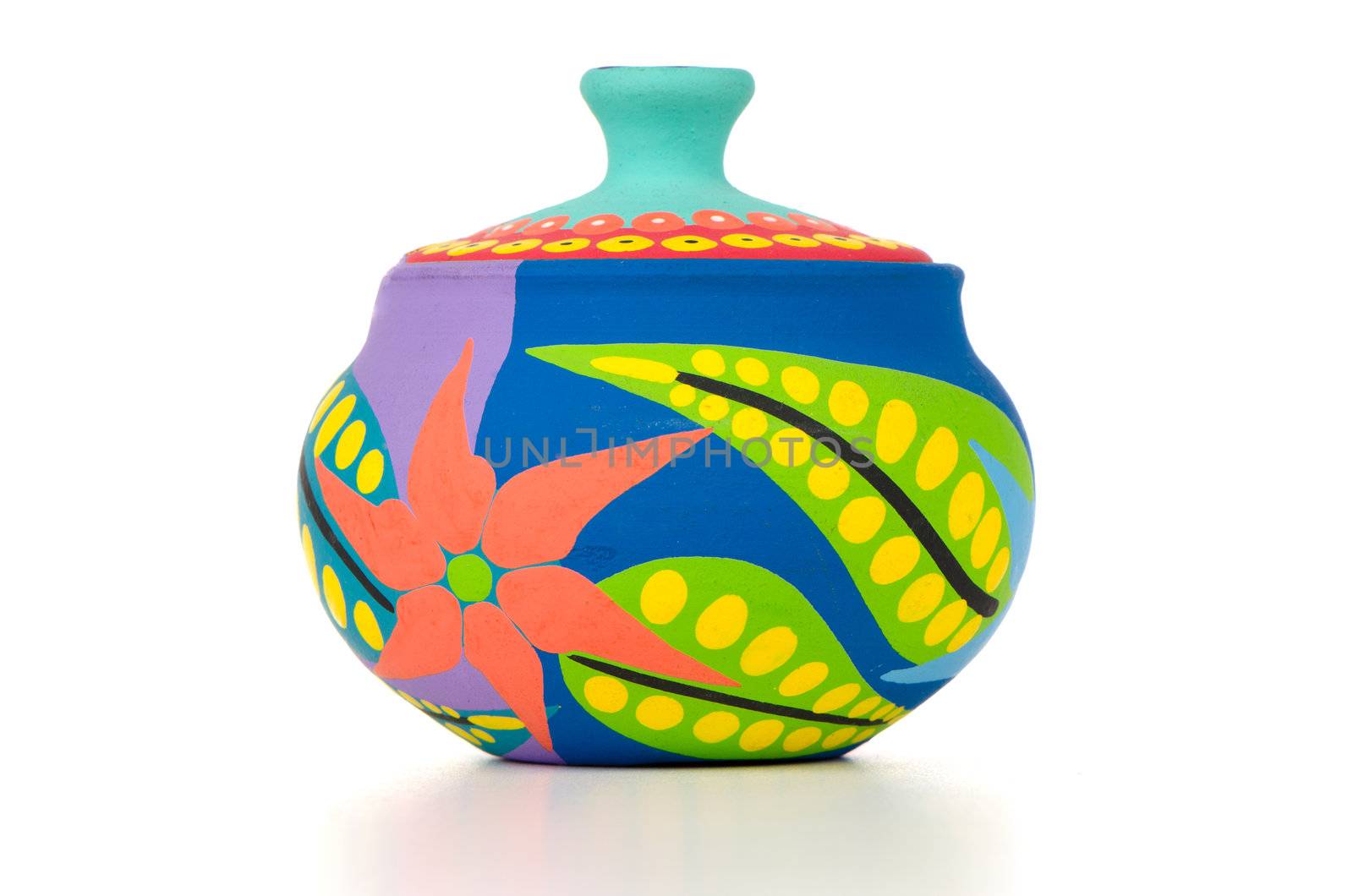 Colored clay pot isolated on white background.