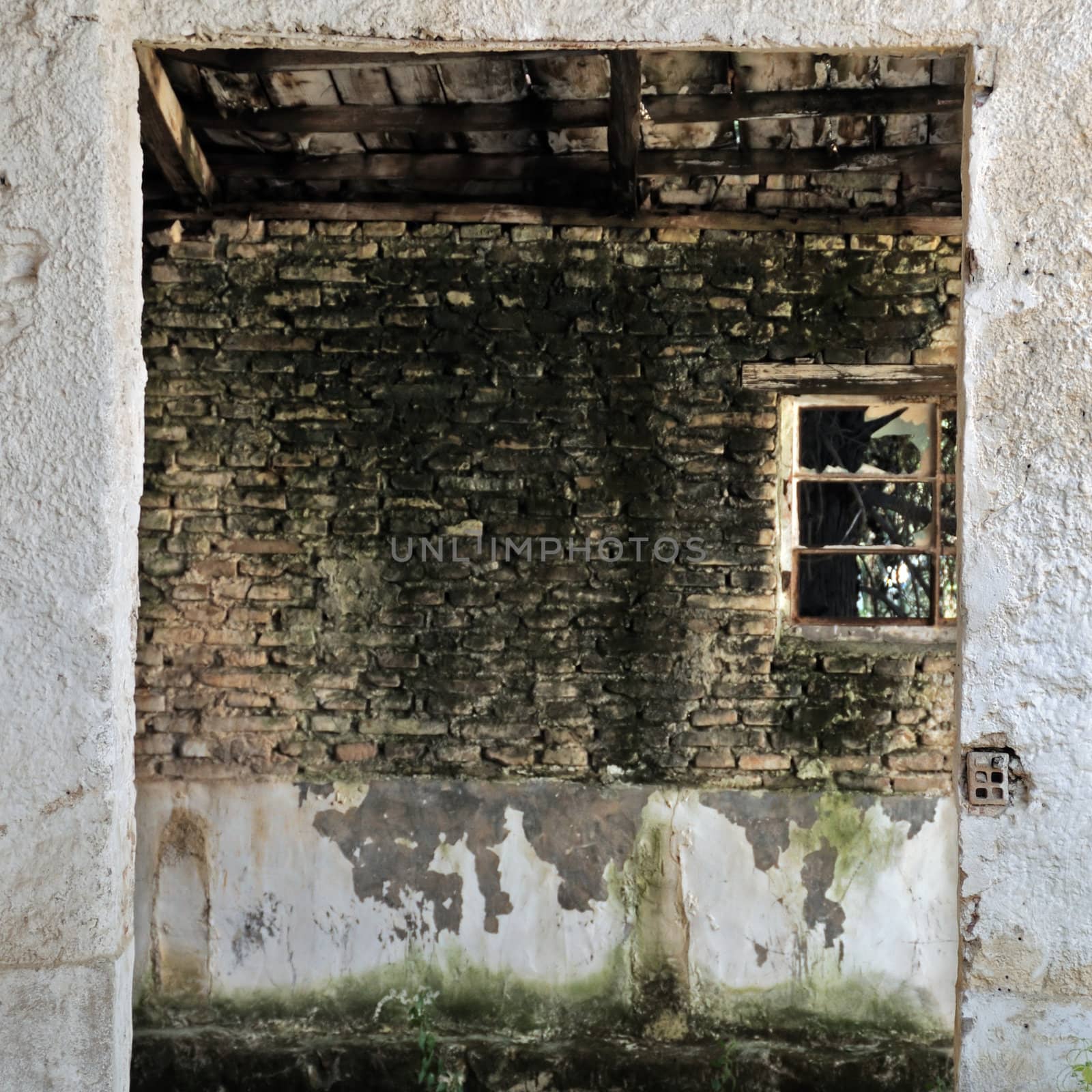 Empty abandoned warehouse interior, broken window and chipped paint wall.