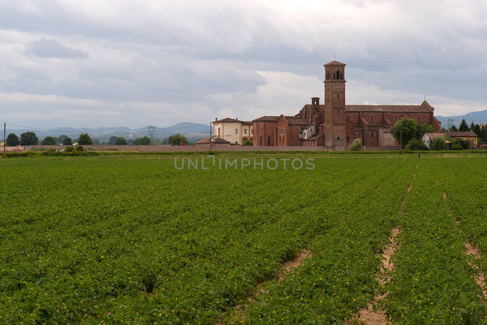 a church at the end of a meadow