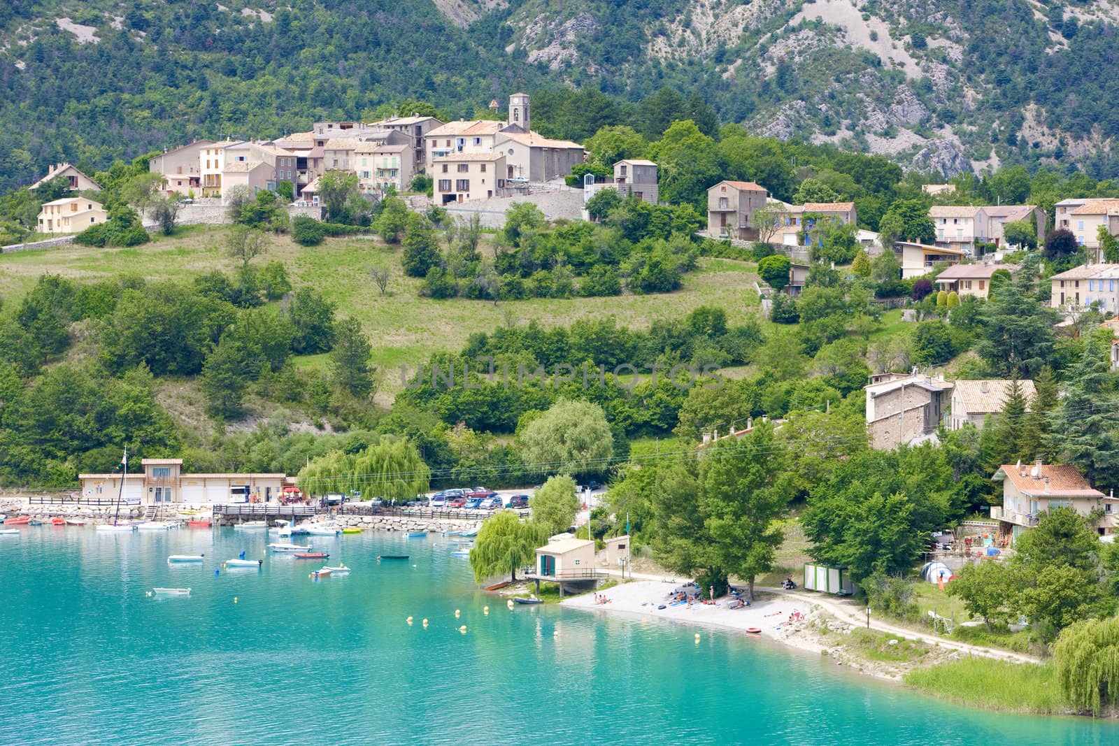 Castillon Barrier with village of Saint Julien du Verdon, Provence, France